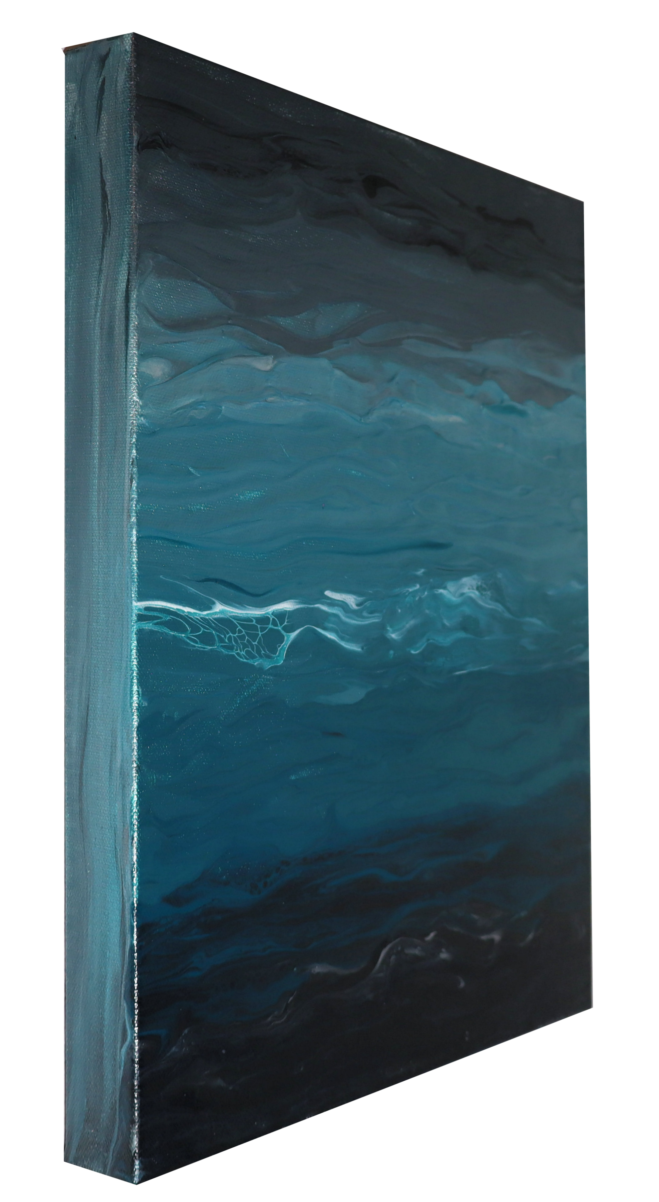 Abstract painting of swirling blue, black, and teal colors on canvas with textured edges.