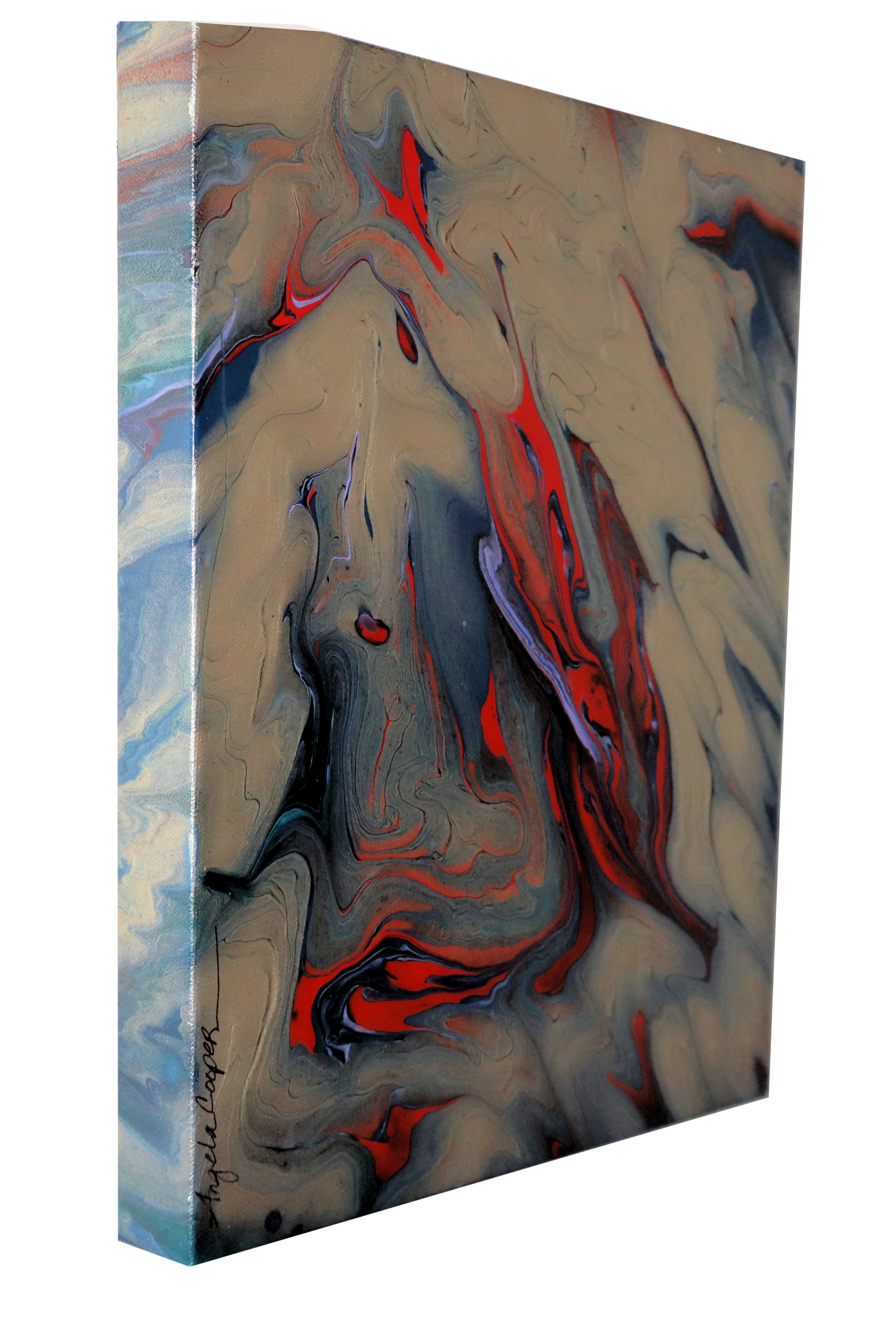 Abstract marbled painting with swirls of beige, black, red, and blue, on a rectangular canvas.