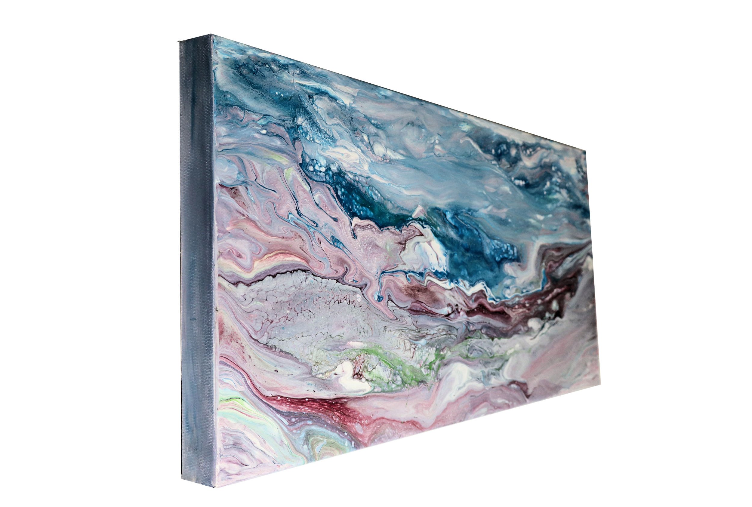 Abstract painting with swirling blue, pink, white, green, and black colors on canvas.