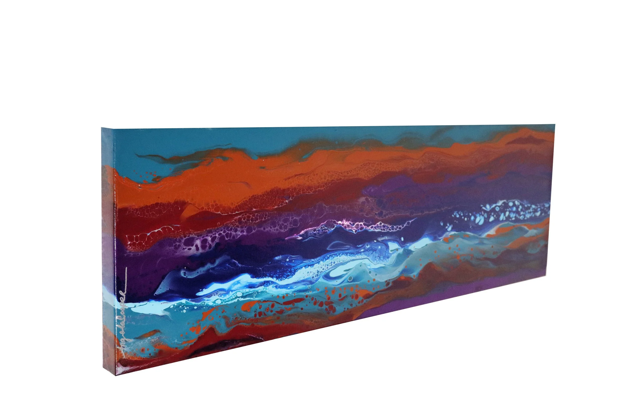 An abstract painting on canvas featuring flowing colors of blue, orange, purple, and white with a textured appearance.
