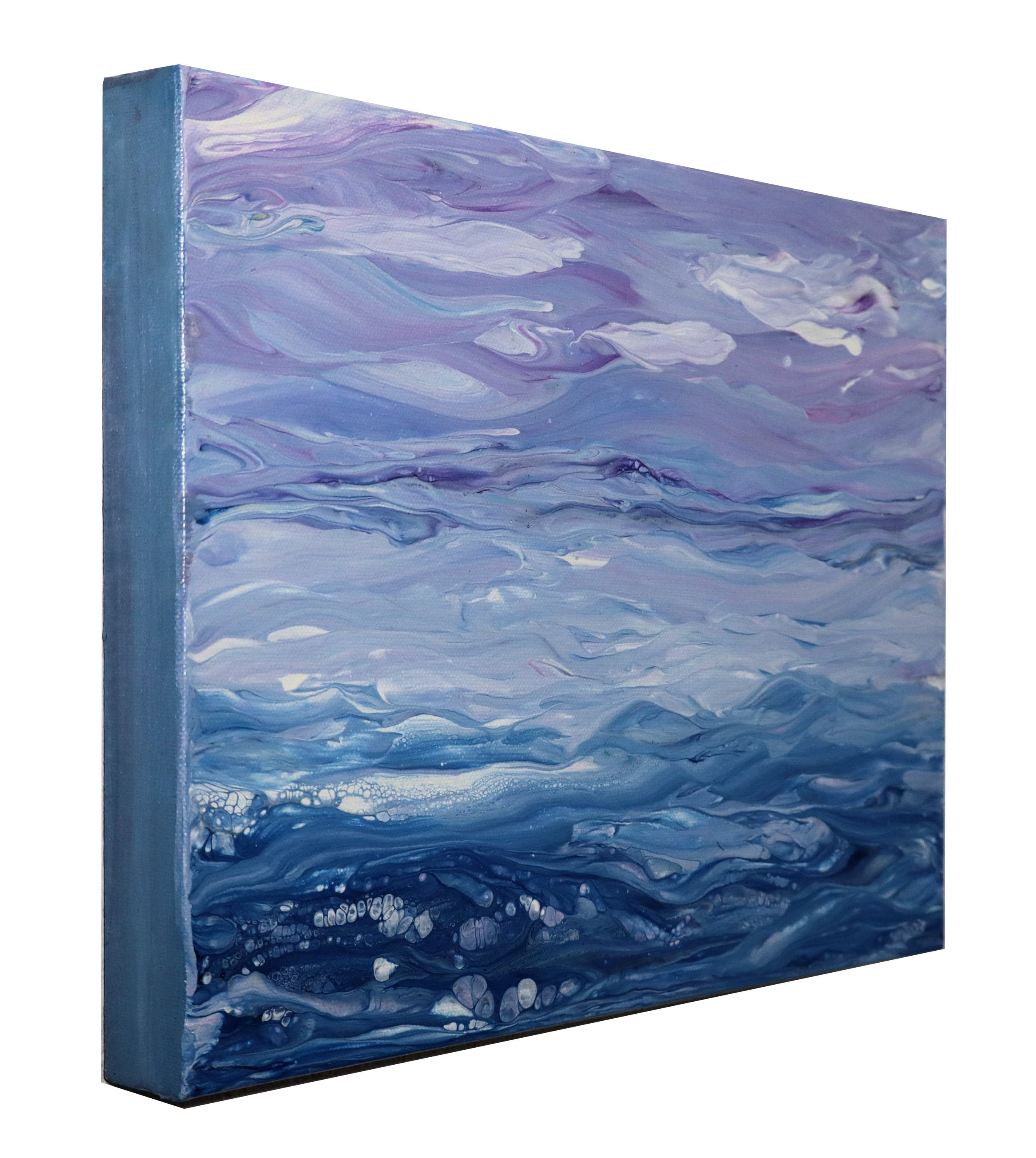 A painted canvas artwork depicting an ocean scene with waves and water in various shades of blue, purple, and white.