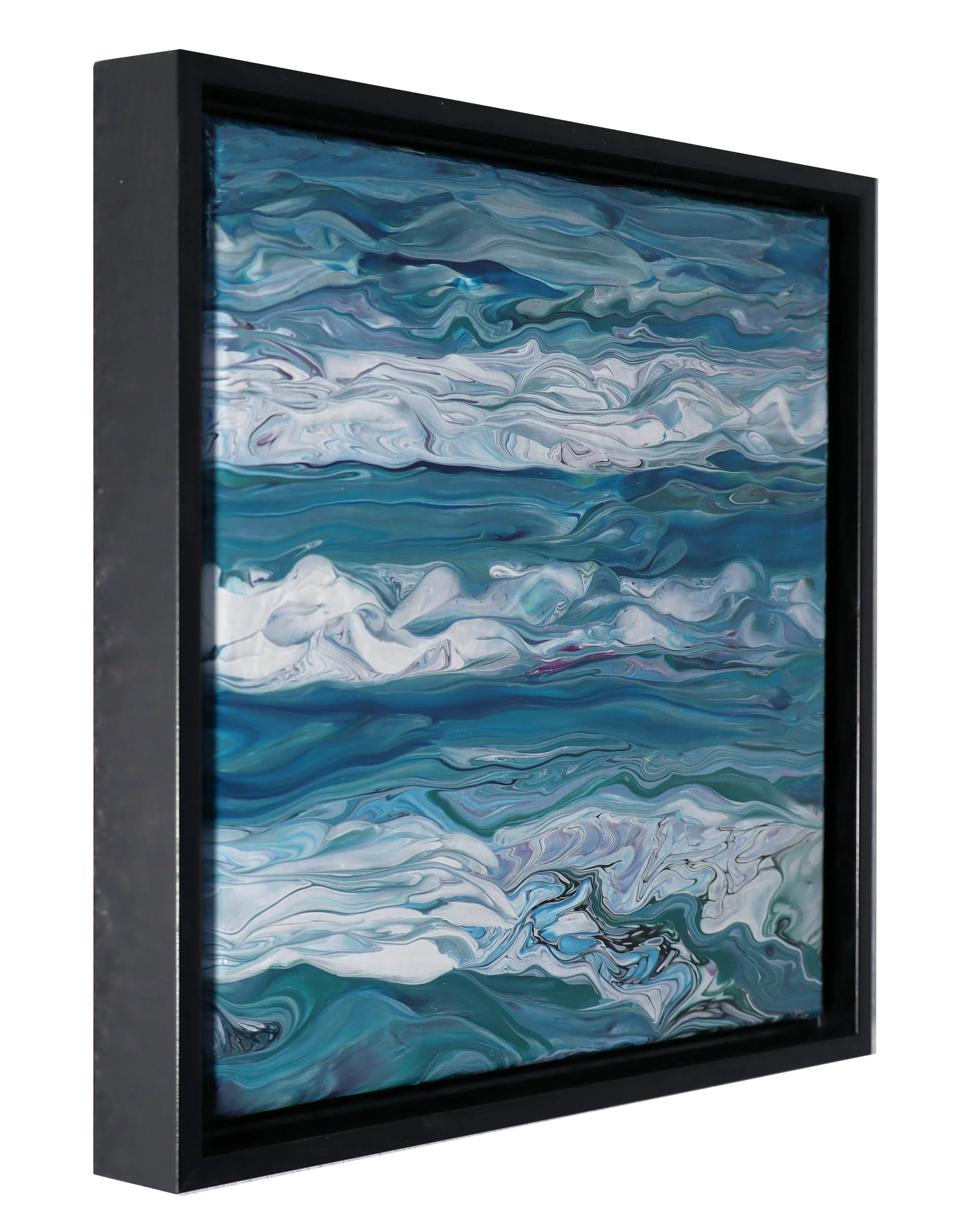 Framed abstract painting with swirling shades of blue, white, and hints of purple.