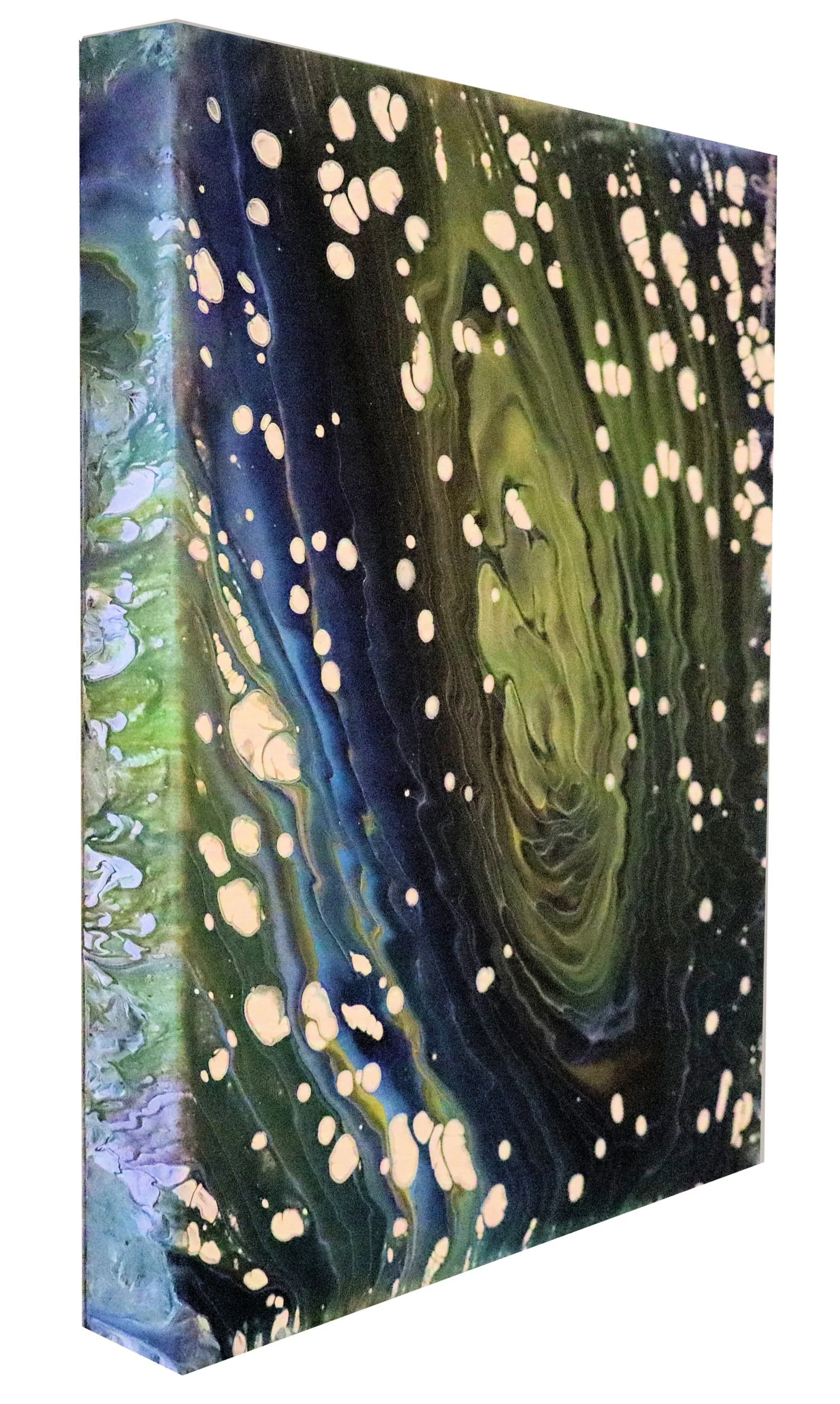 Abstract painting featuring swirling green, black, and blue hues with white circular spots scattered throughout.