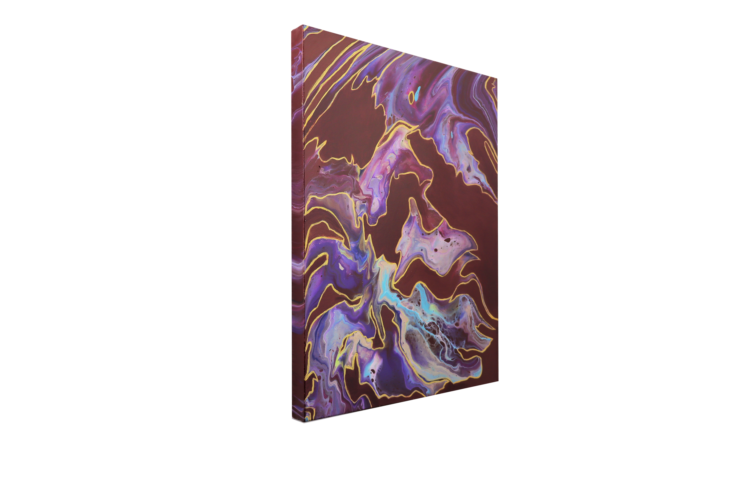 Abstract painting with swirling purple, blue, gold, and white colors on a rectangular canvas.