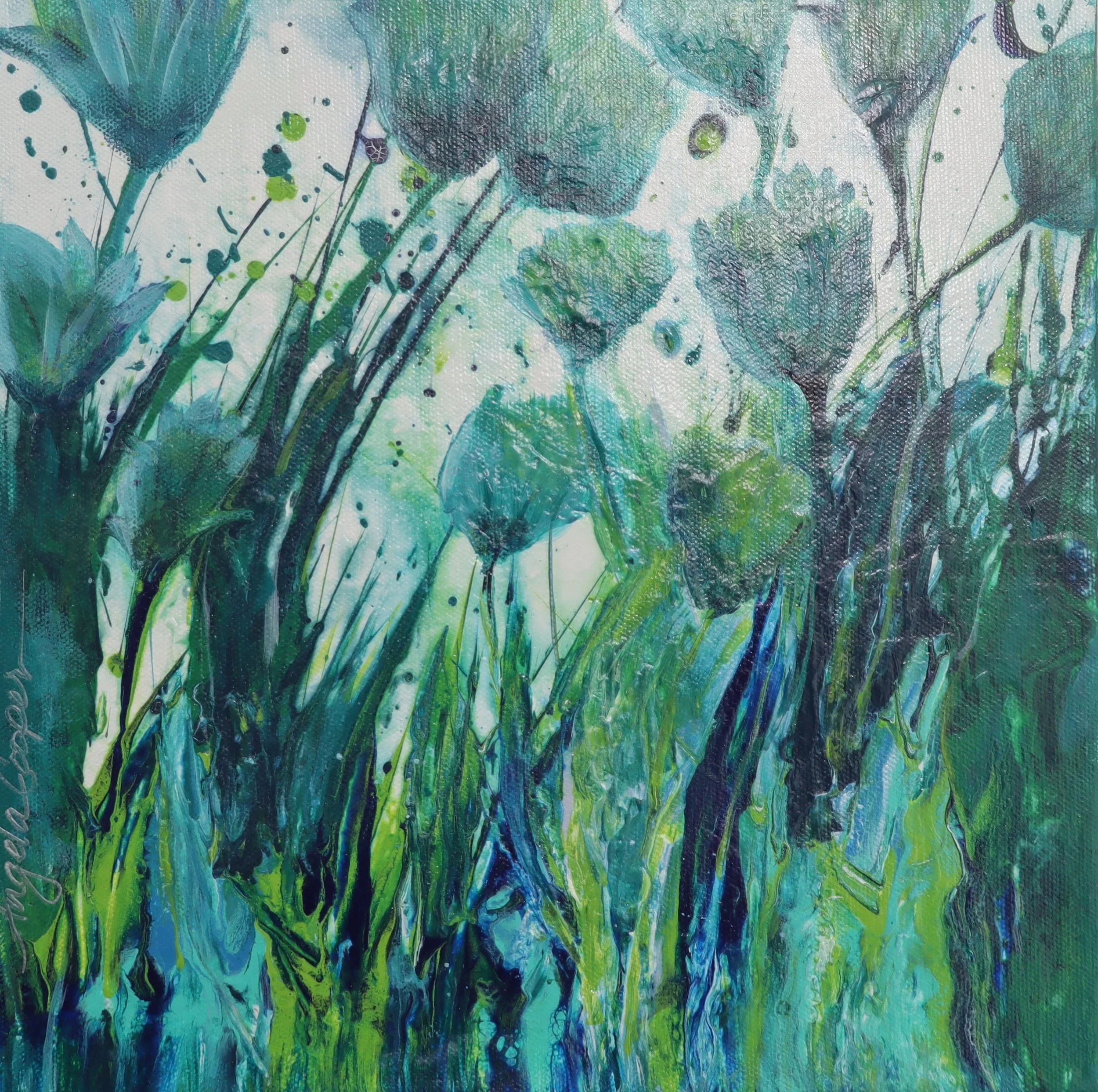 Abstract watercolor painting with shades of green, blue, and white, featuring vertical strokes and splatters.