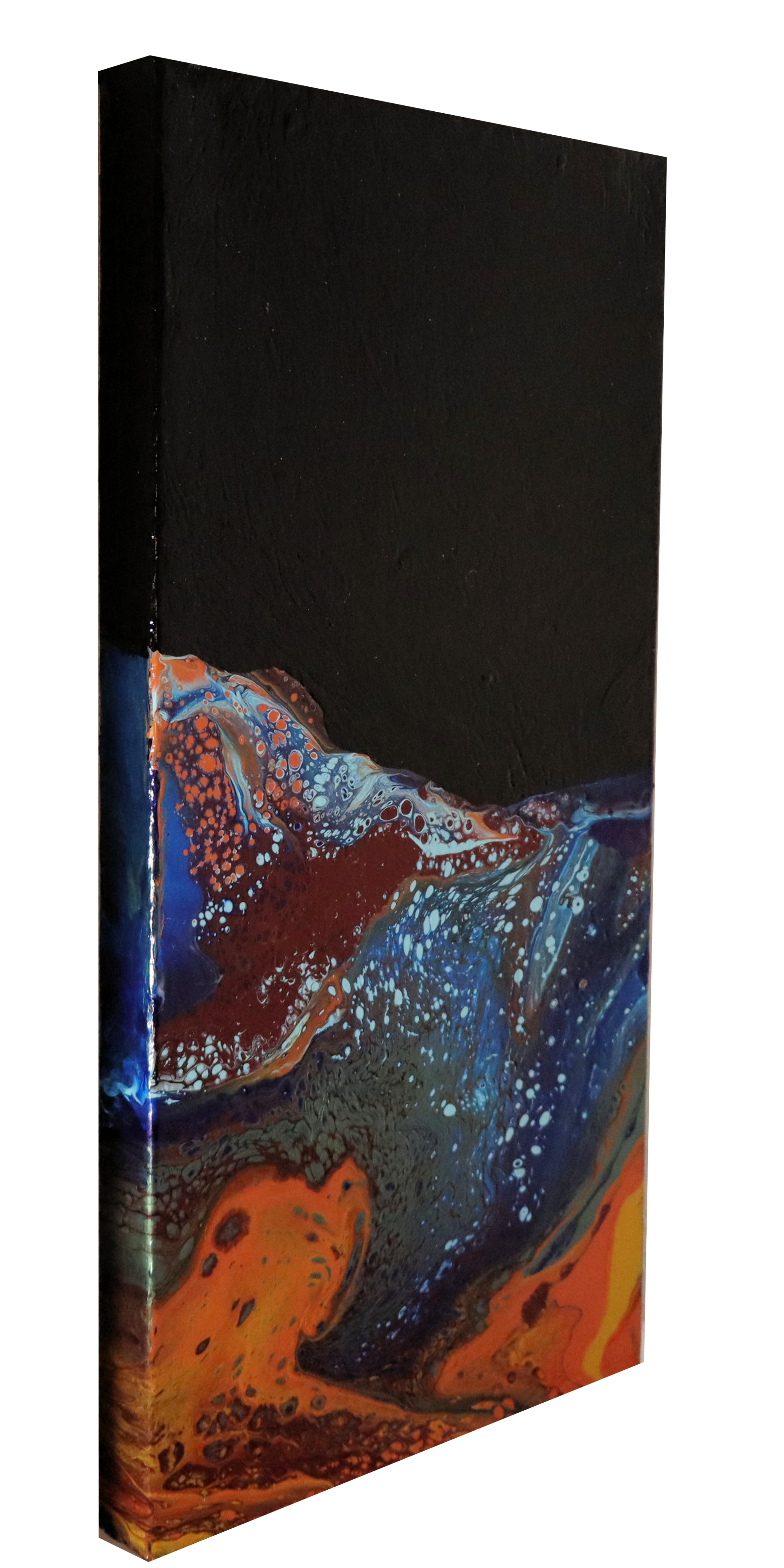 A colorful abstract painting with swirling patterns of black, blue, orange, red, and white on a rectangular canvas.