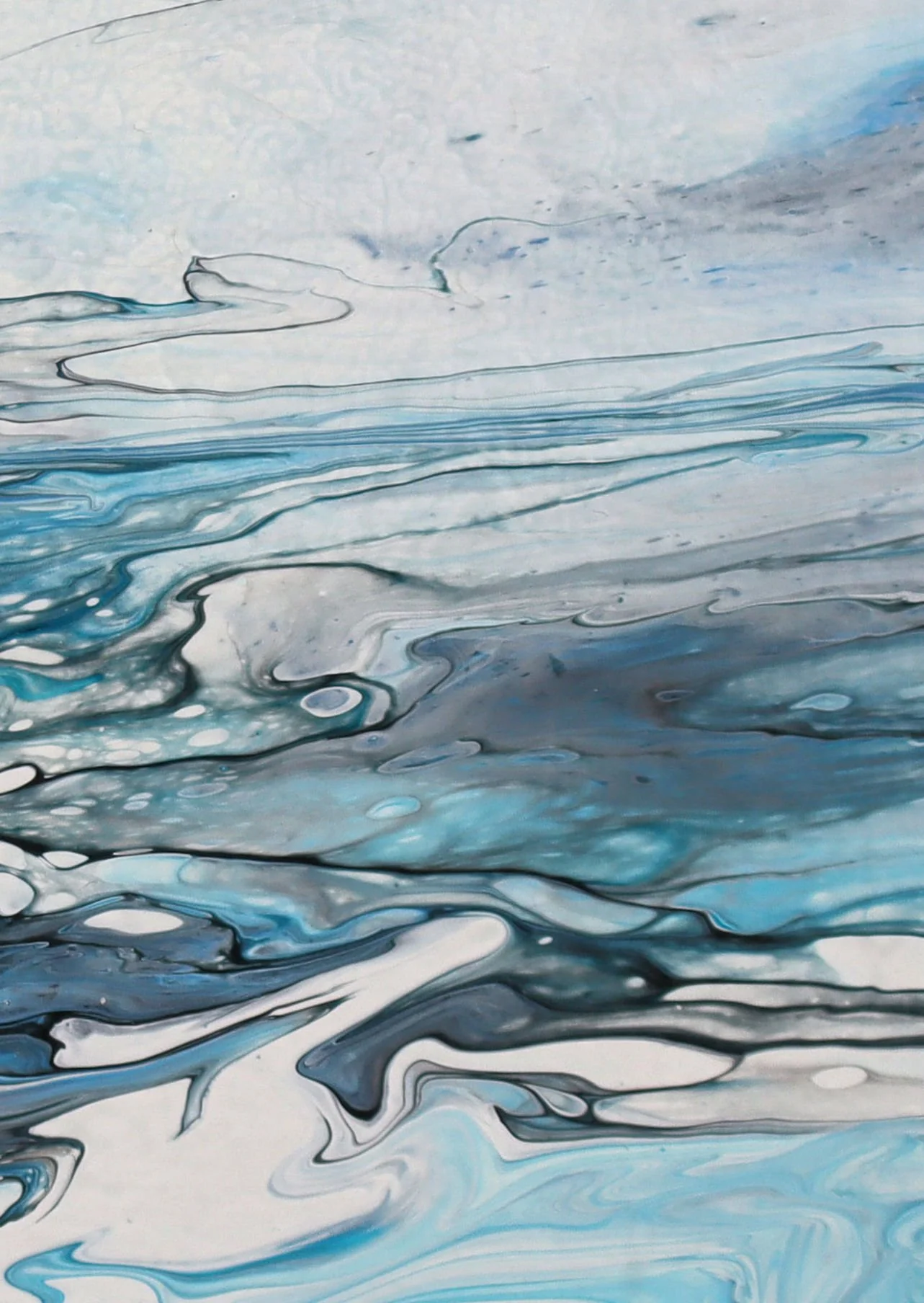 Abstract painting with swirling shades of blue, black, white, and gray in fluid patterns.
