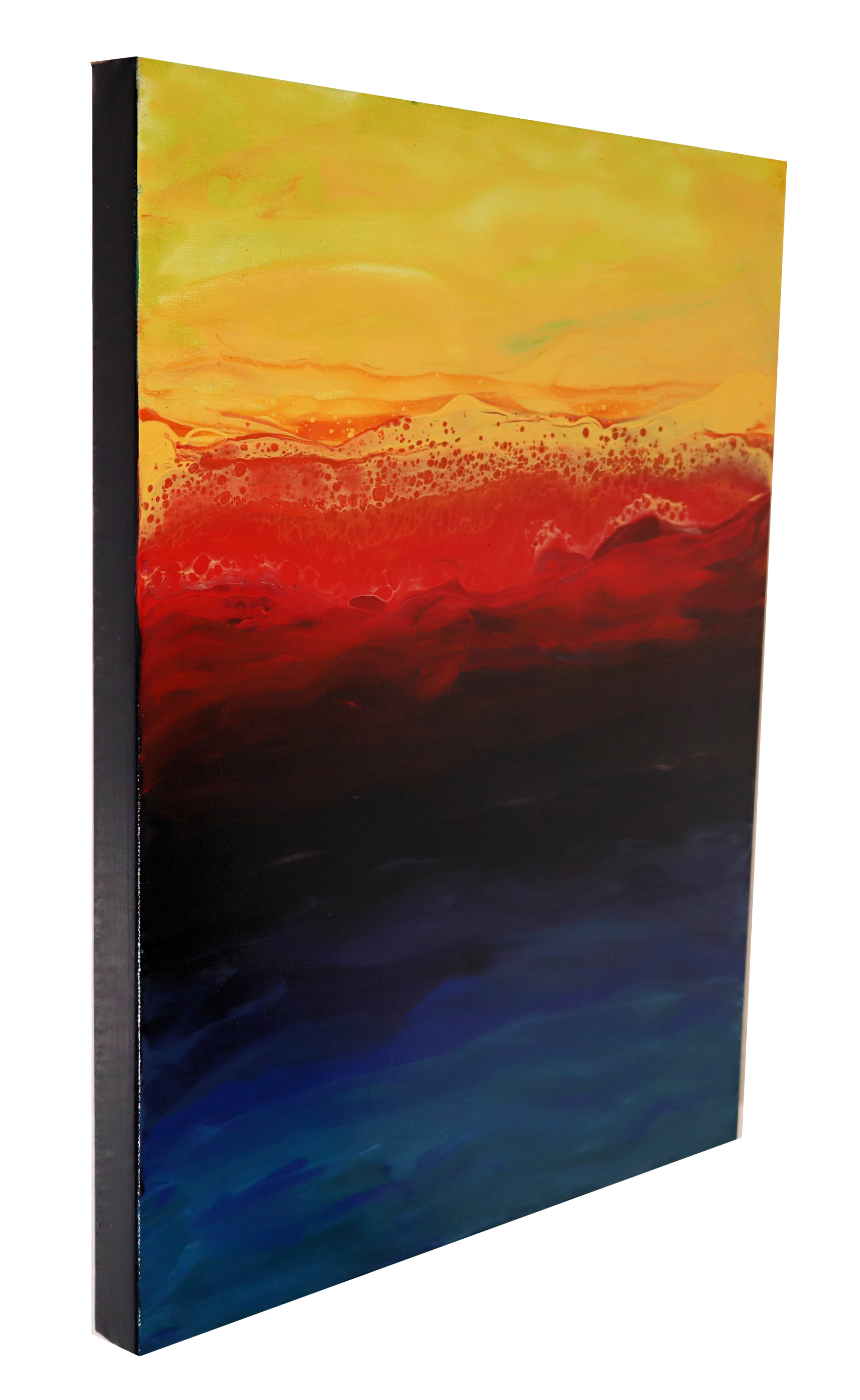 An abstract painting with warm colors at the top transitioning to cool colors at the bottom, resembling a sunset or landscape.