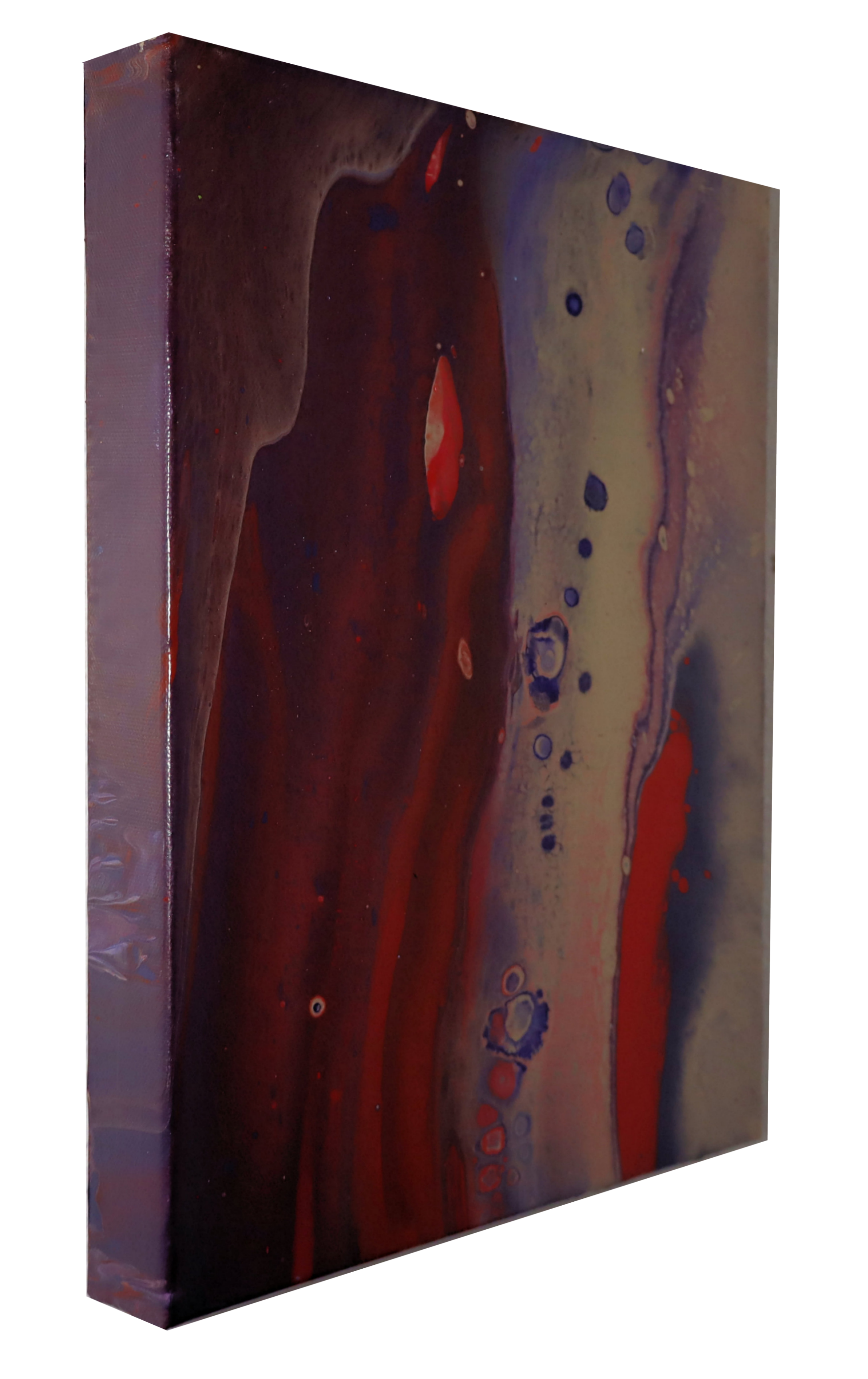 Close-up of an abstract painting with flowing dark reds, purples, and beige colors, featuring bubbles and fluid textures.