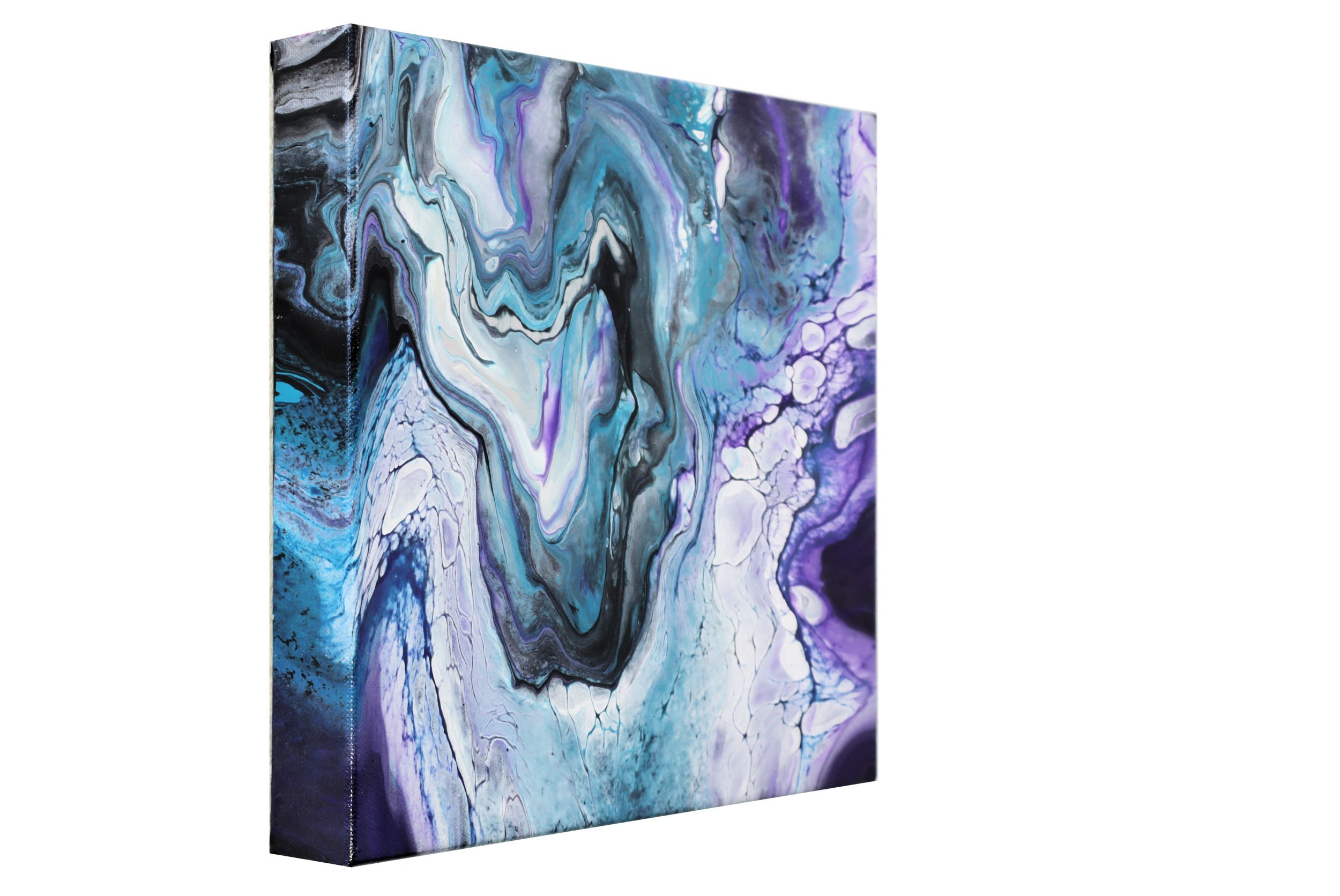 Abstract painting with swirling patterns of blue, purple, black, and white colors.