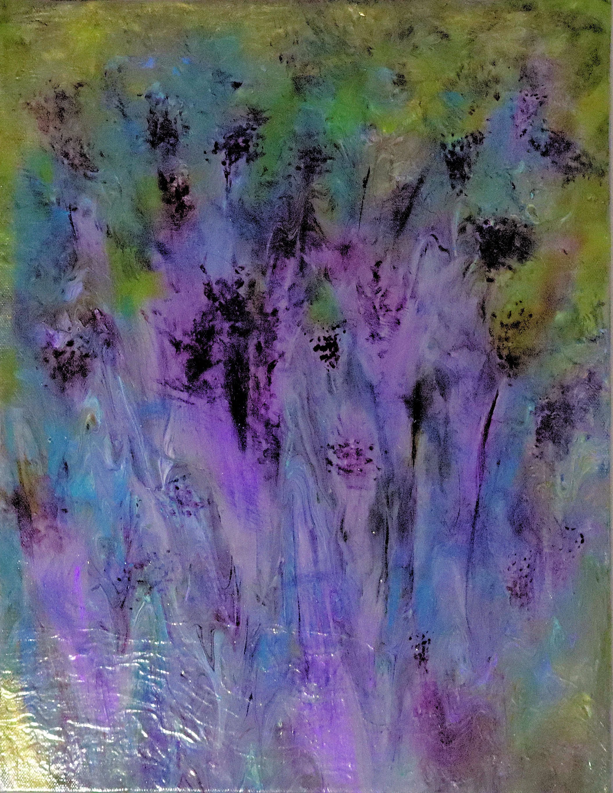 An abstract painting with swirling colors of purple, blue, green, black, and hints of yellow and pink, resembling a water scene with trees and reflections.