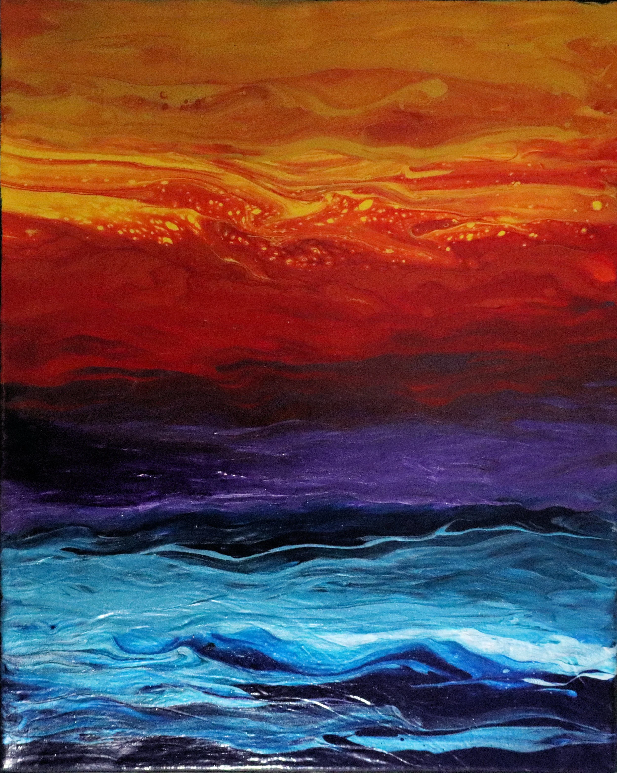 Colorful abstract painting with horizontal waves in shades of yellow, orange, red, purple, and blue.