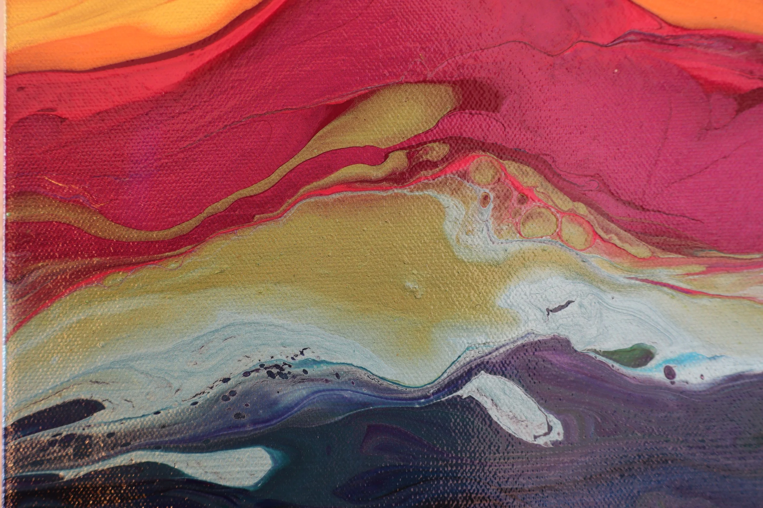 Abstract painting with flowing layers of red, yellow, green, blue, purple, and black colors creating a dynamic, textured appearance.