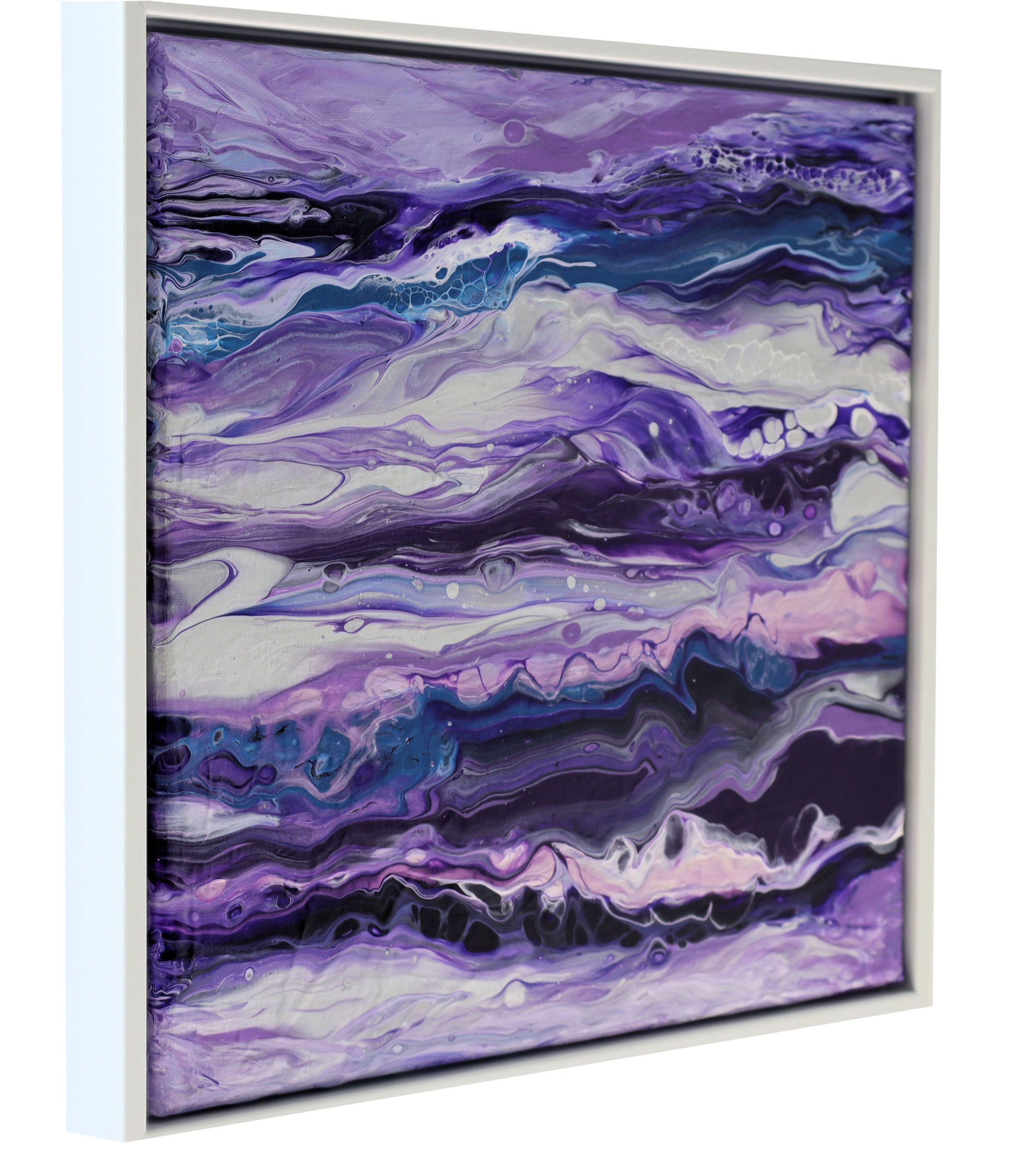 Abstract painting with purple, blue, black, and white swirls and cell-like structures framed in white.