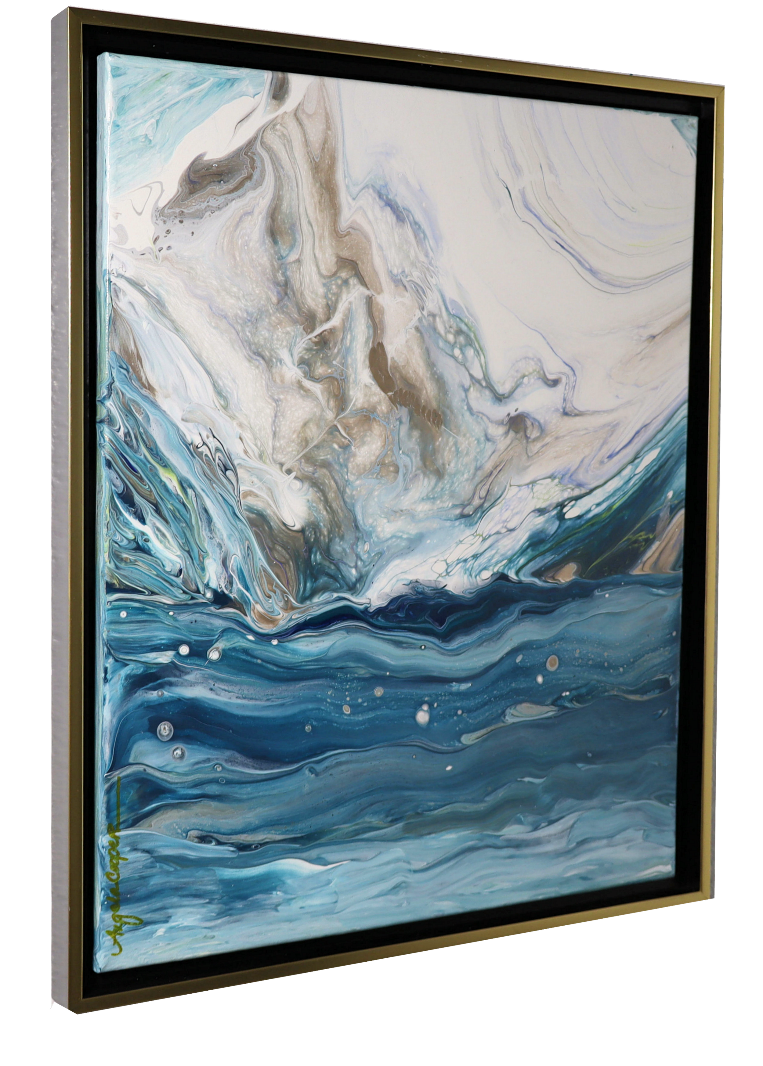 Abstract ocean scene with swirling blue, white, beige, and black colors, framed and signed in the bottom left corner.