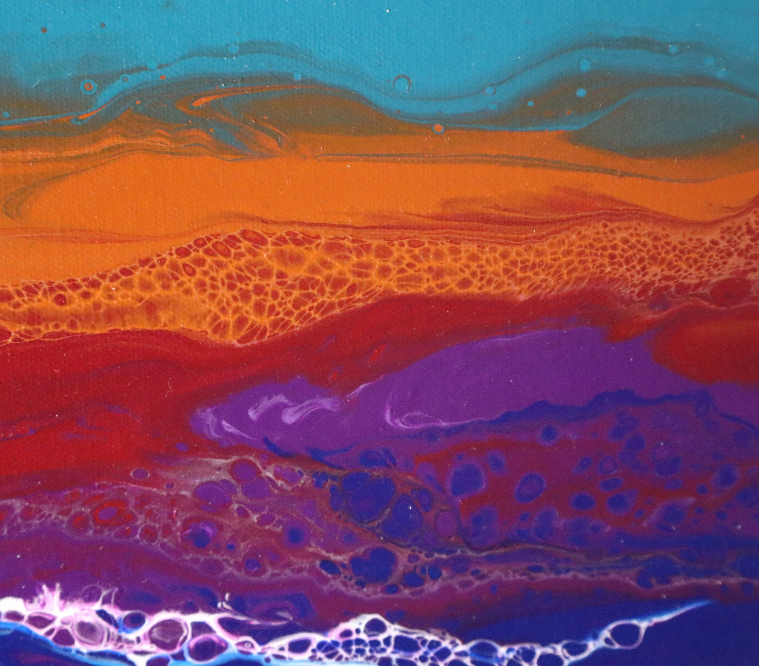 Abstract painting with vibrant blue, orange, red, purple, and white flowing patterns and textures.