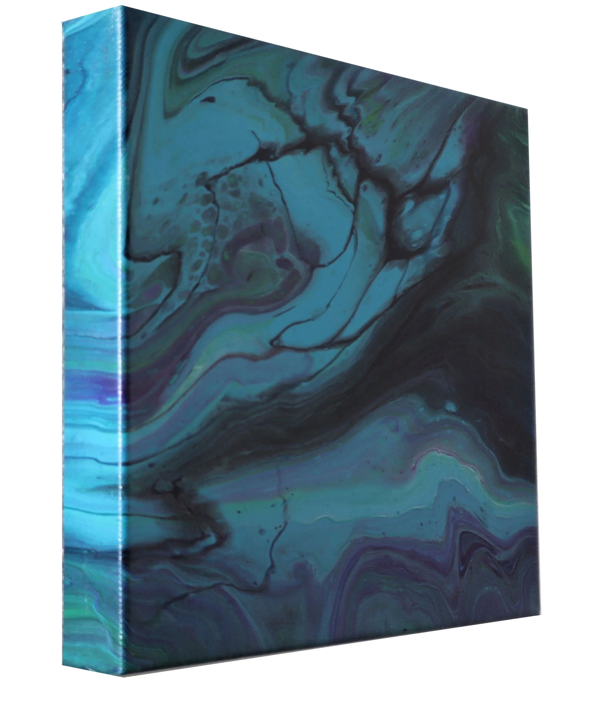 Close-up of an abstract painting with blue, green, and black swirling patterns on a canvas.
