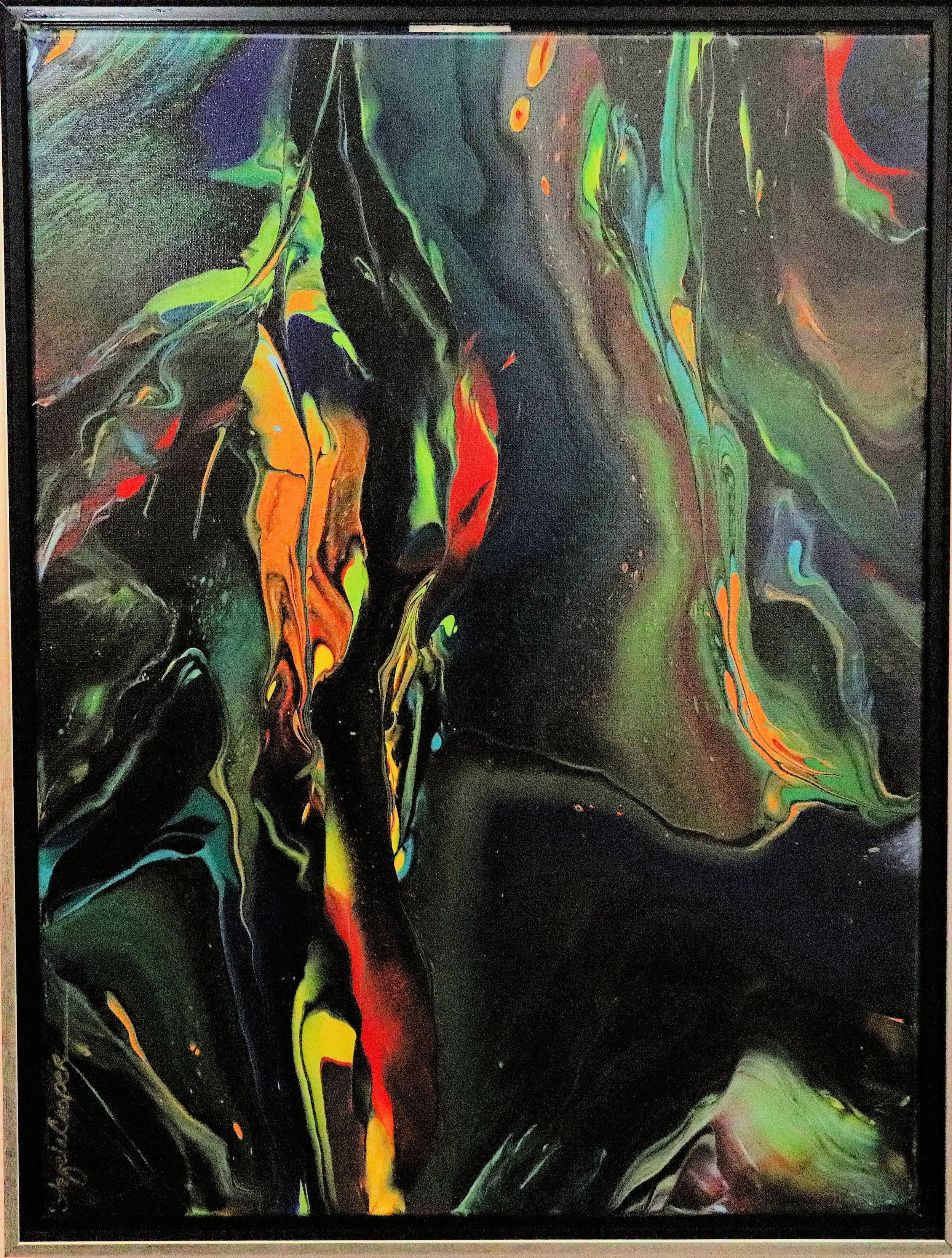 Abstract fluid art painting with swirling streaks of bright orange, yellow, green, blue, purple, and red on a black background framed in black.