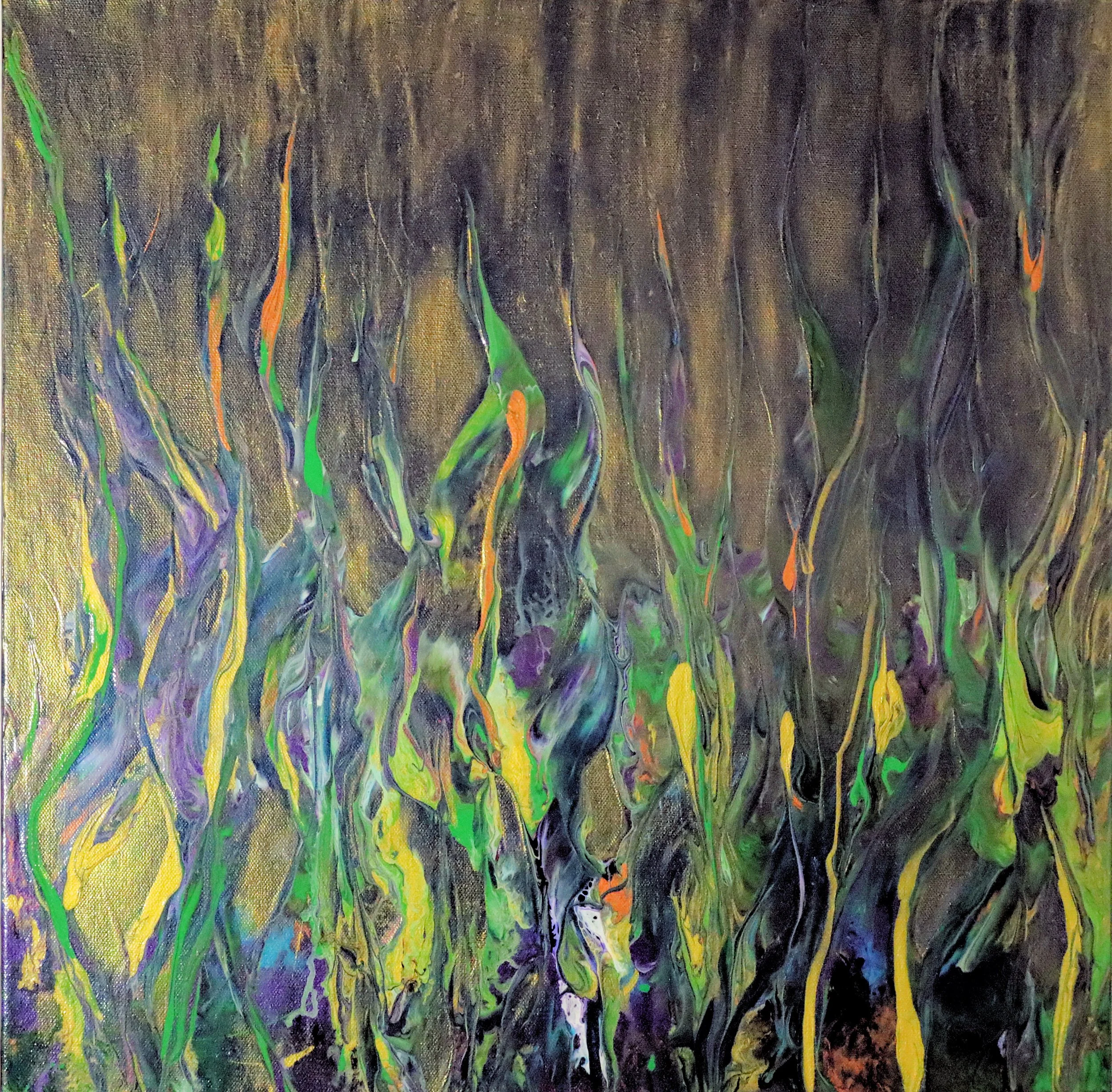 An abstract painting with flowing streaks of bright colors such as green, yellow, purple, orange, and blue on a black background.