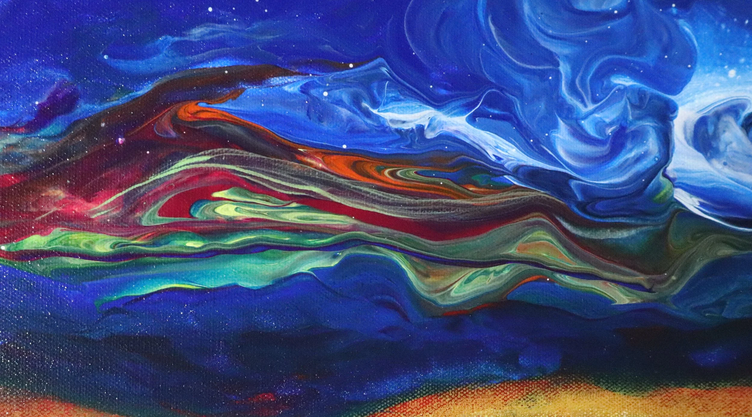 Abstract painting with swirling colors including blue, red, green, yellow, and white, creating a marbled effect.