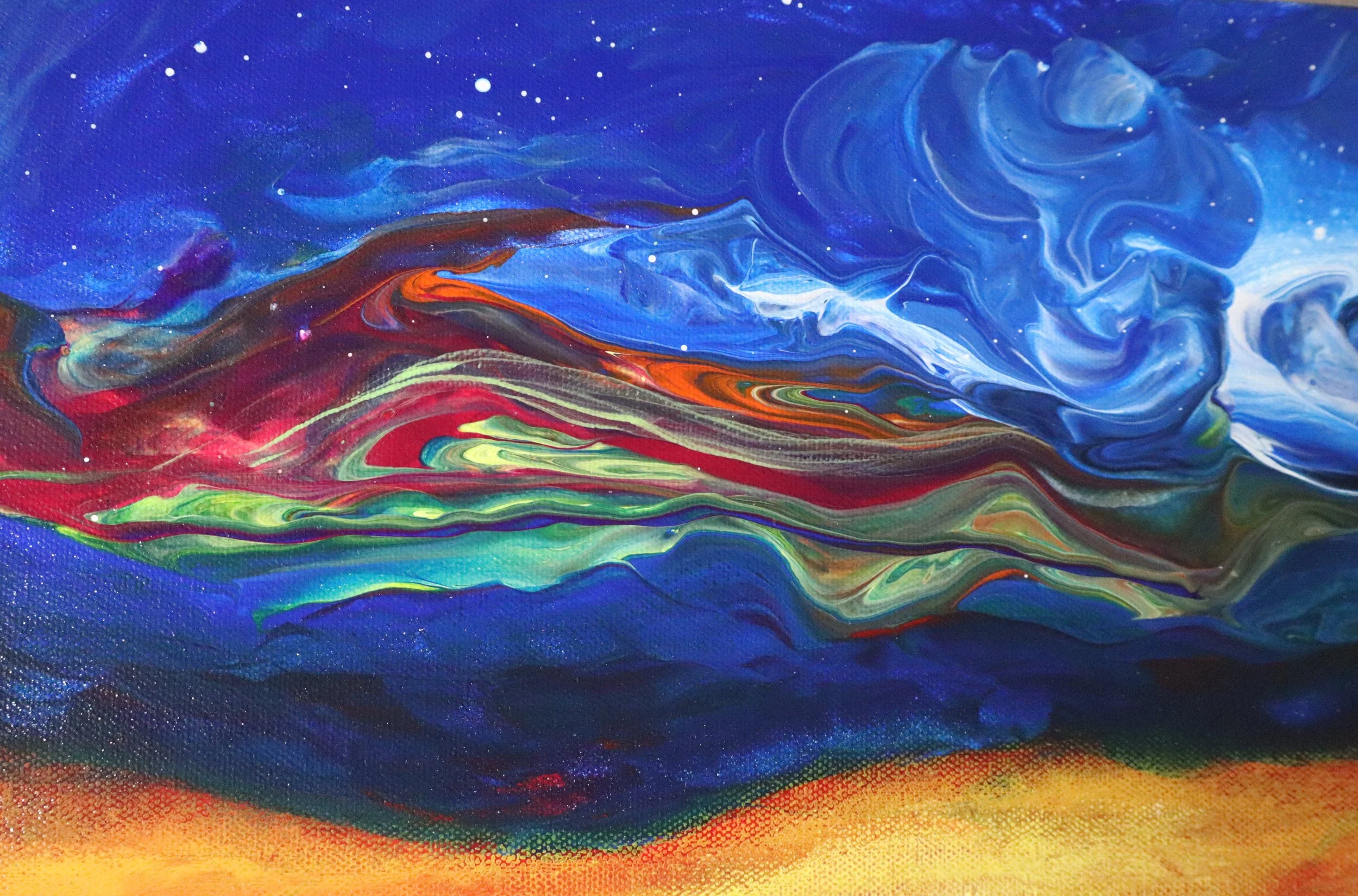 Abstract painting featuring swirling patterns in shades of blue, purple, red, green, and yellow.