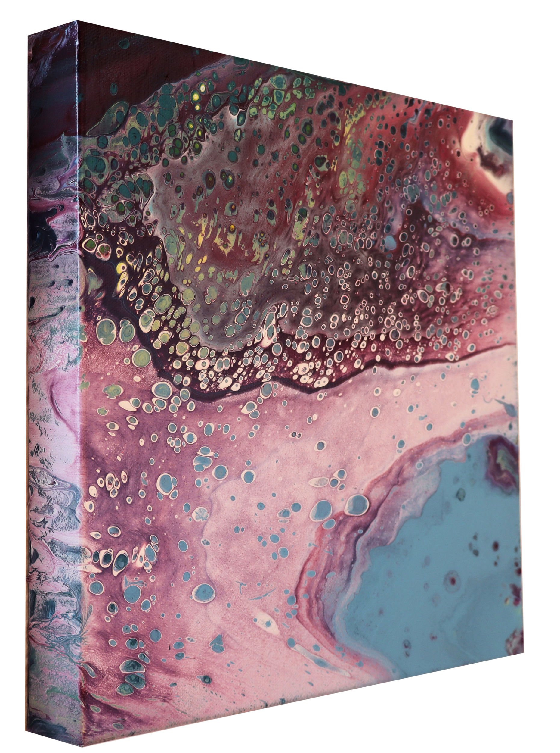 Abstract fluid art painting with pink, purple, and teal hues, featuring circular bubble-like patterns and marbled textures on a canvas.