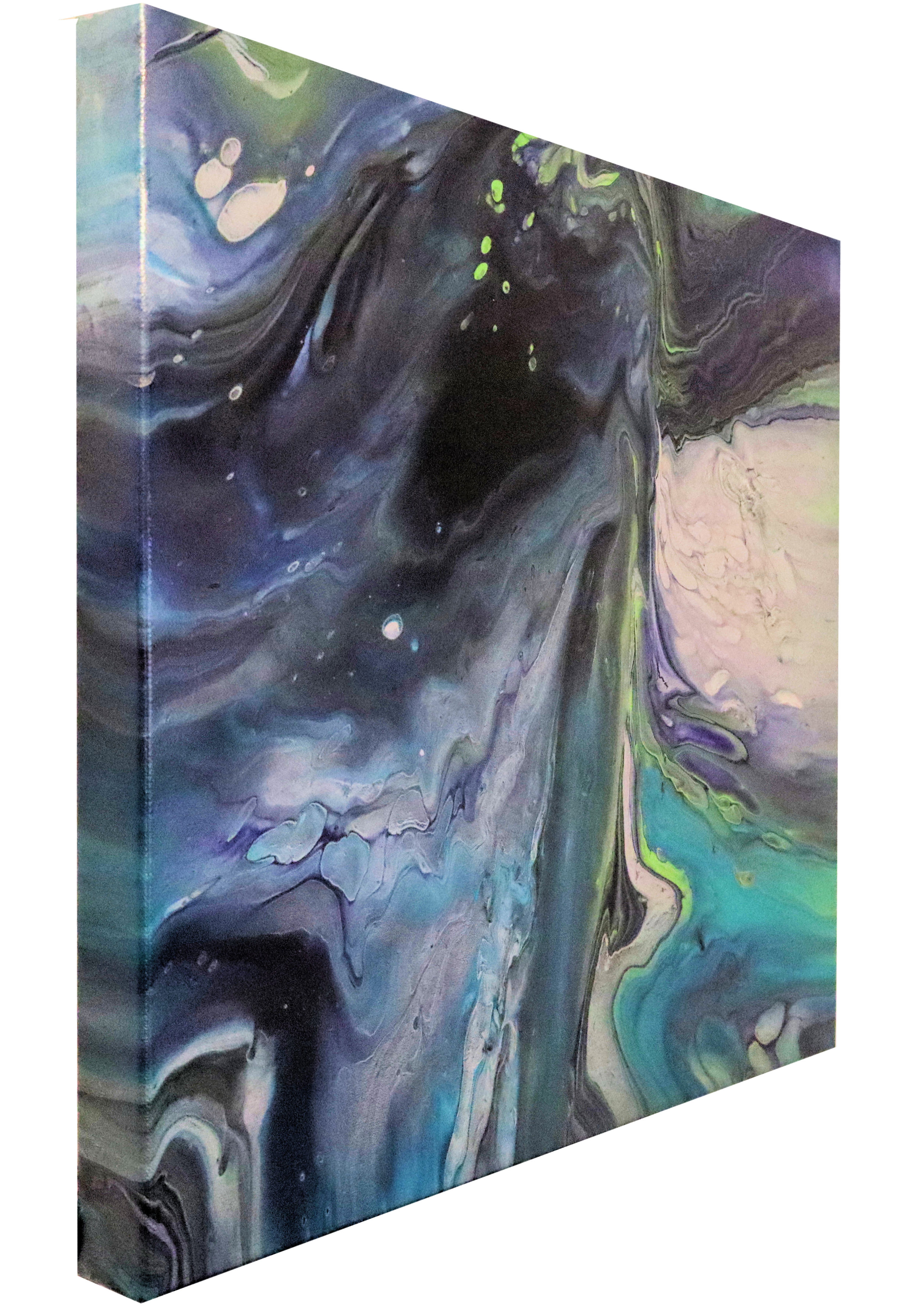 Abstract painting with swirling patterns in black, blue, purple, green, and white, on a rectangular canvas with a three-dimensional appearance.