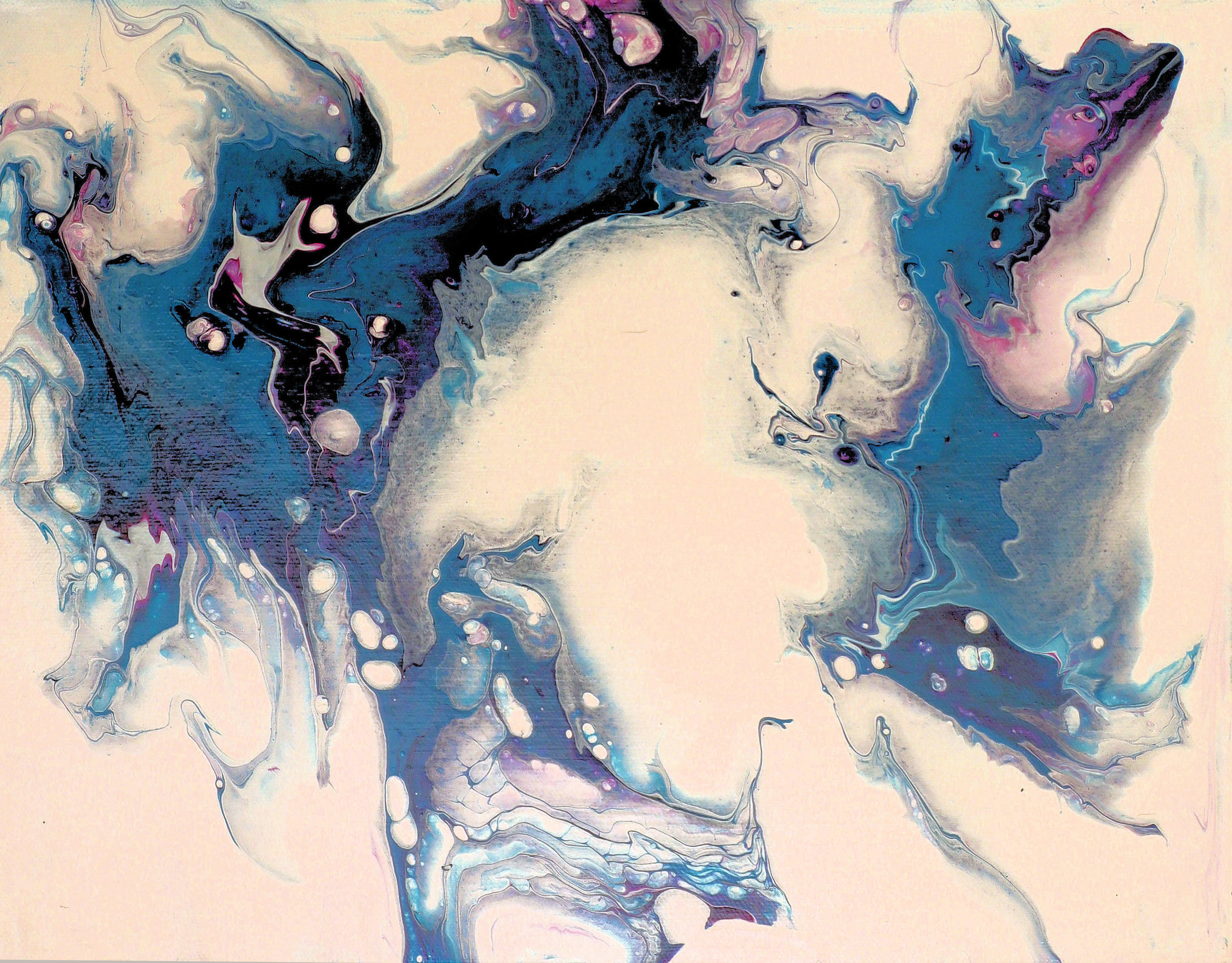 Abstract fluid art painting with swirling patterns of blue, black, pink, purple, and white on a light background.