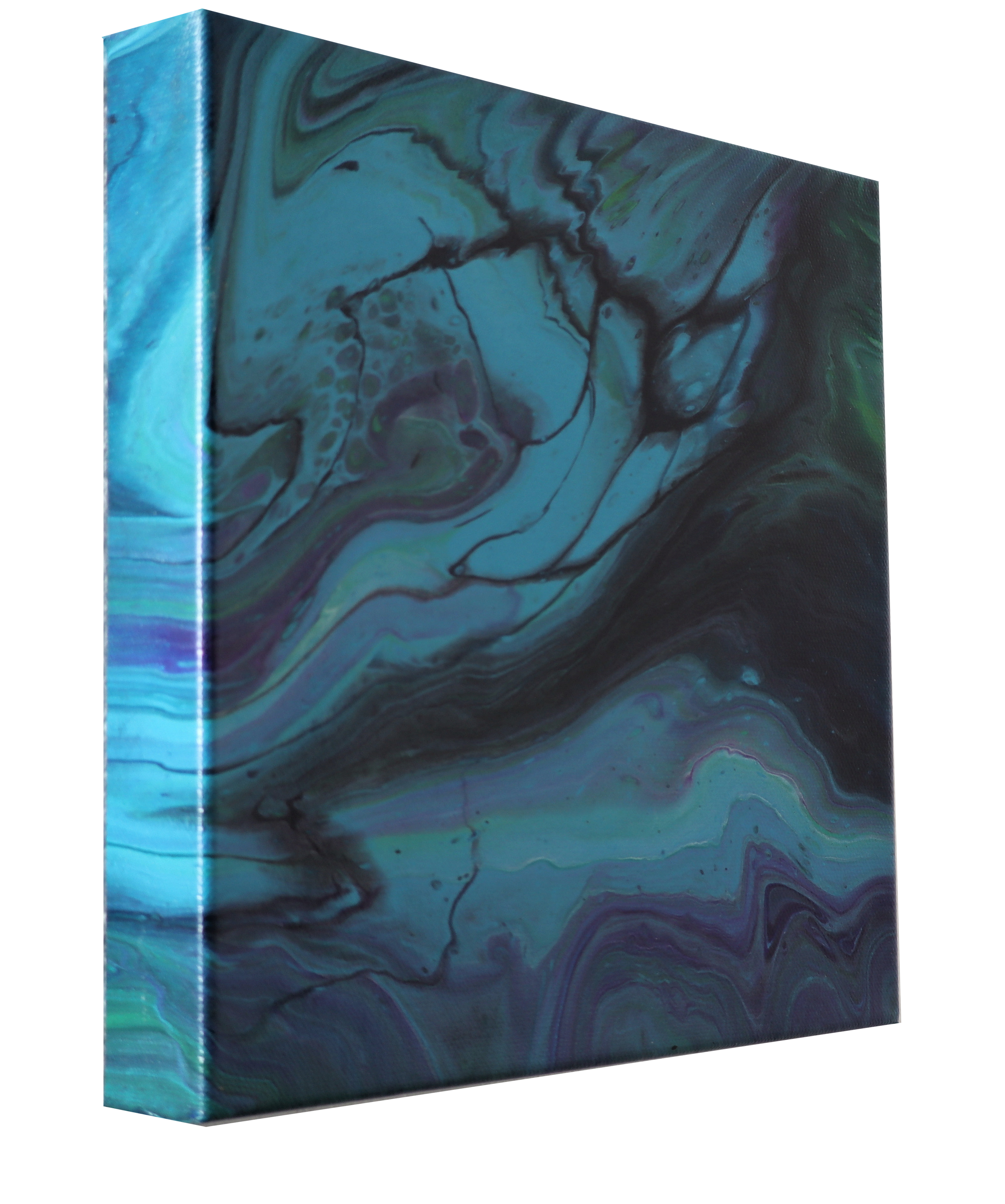 Close-up of an abstract painting with swirling blue, green, purple, and black colors on a rectangular canvas.