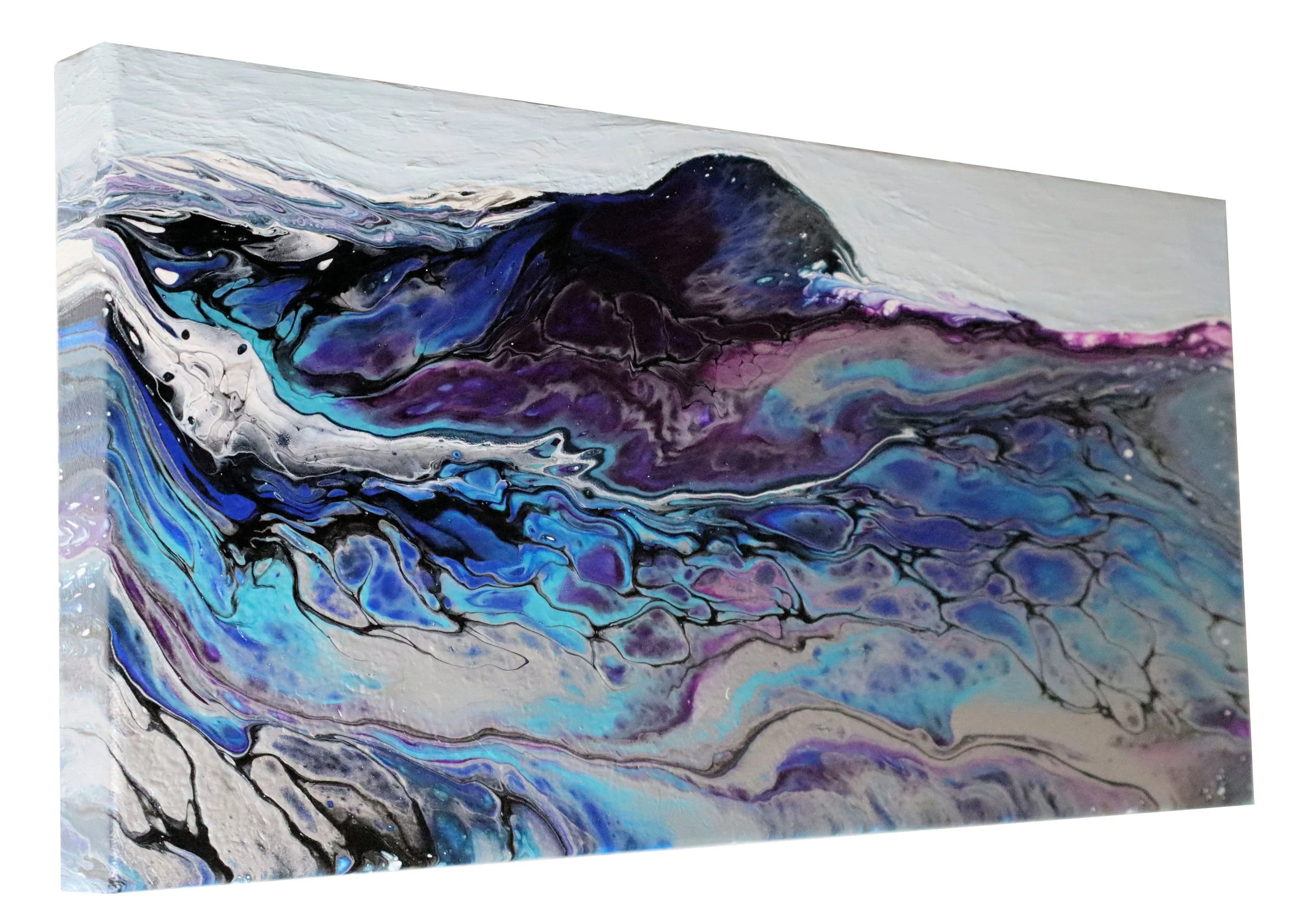 Abstract painting with swirling patterns in black, blue, purple, white, and hints of light pink.