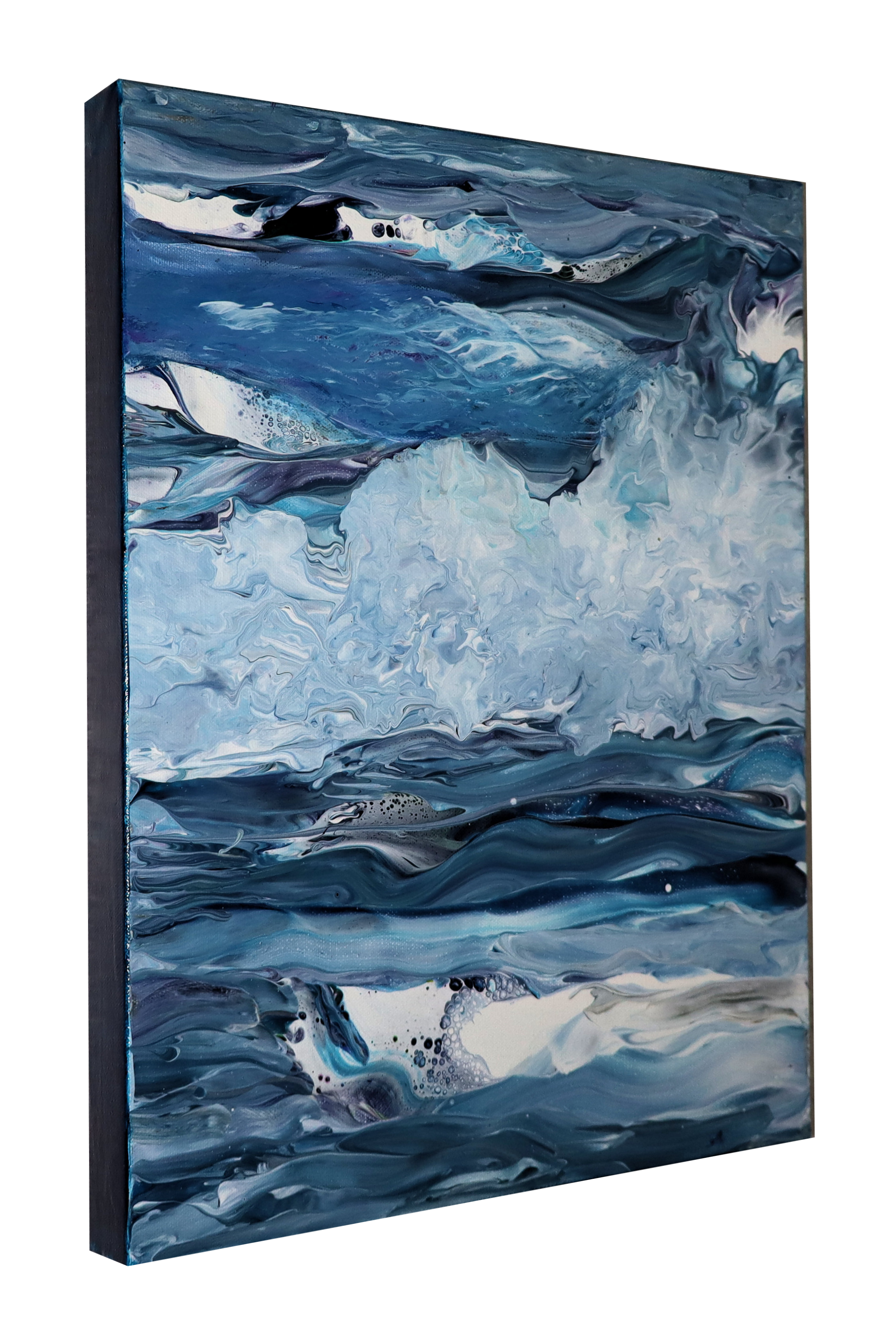 Acrylic painting of ocean waves with various shades of blue, white, and black, creating a dynamic, swirling sea scene.