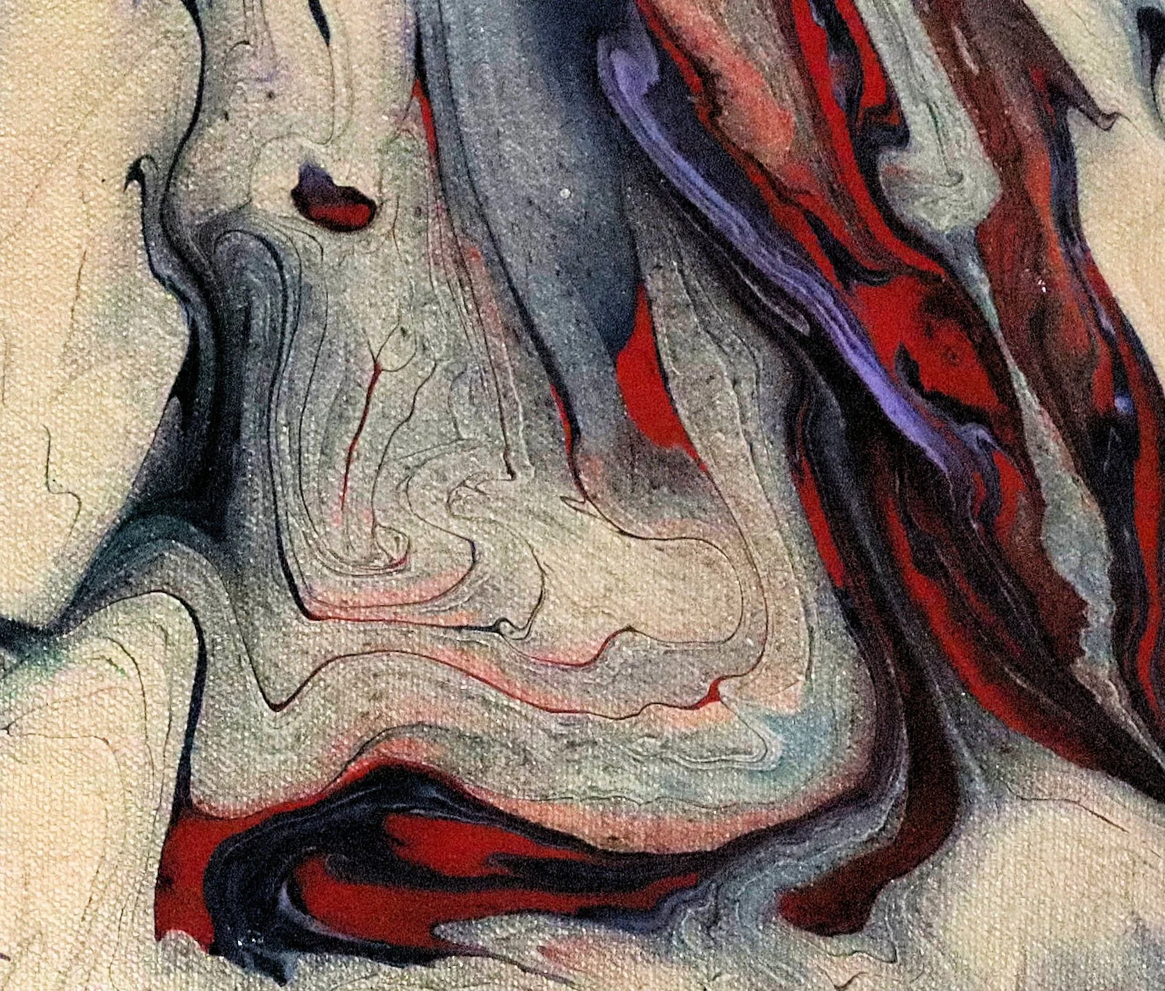 Abstract fluid art with swirling patterns of red, black, gray, purple, and beige colors.