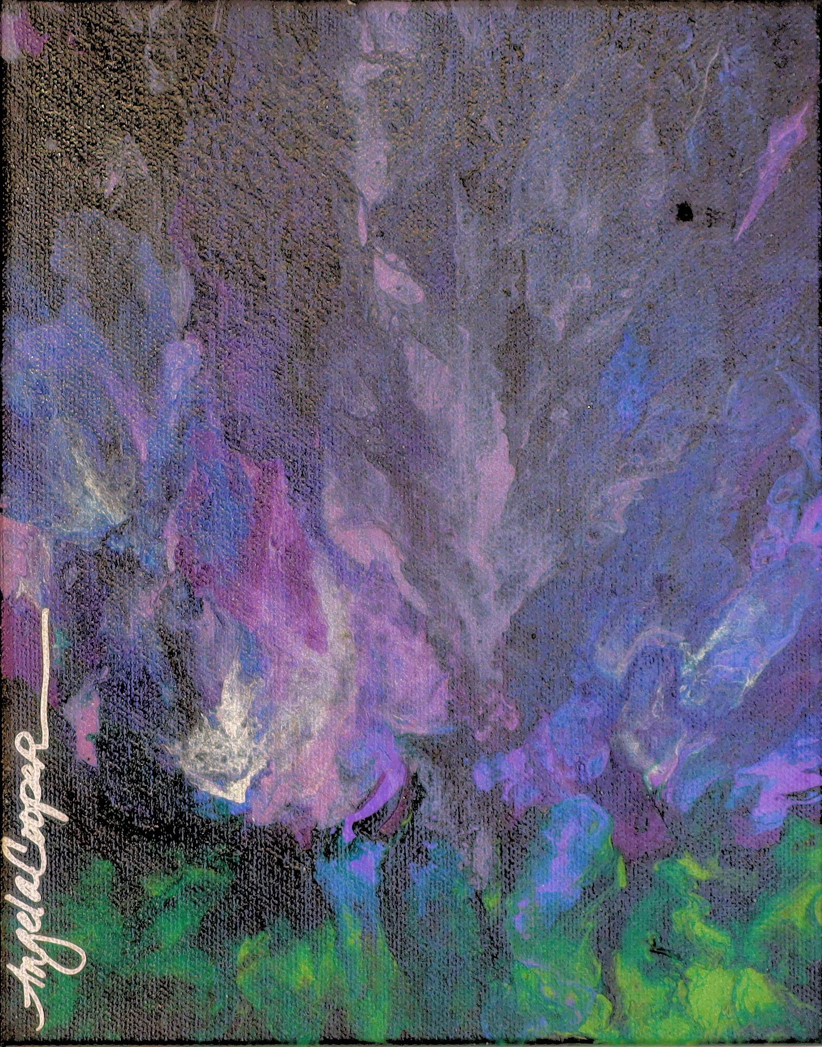A colorful abstract painting with a textured surface featuring a blend of dark purple, blue, green, and hints of pink and yellow.