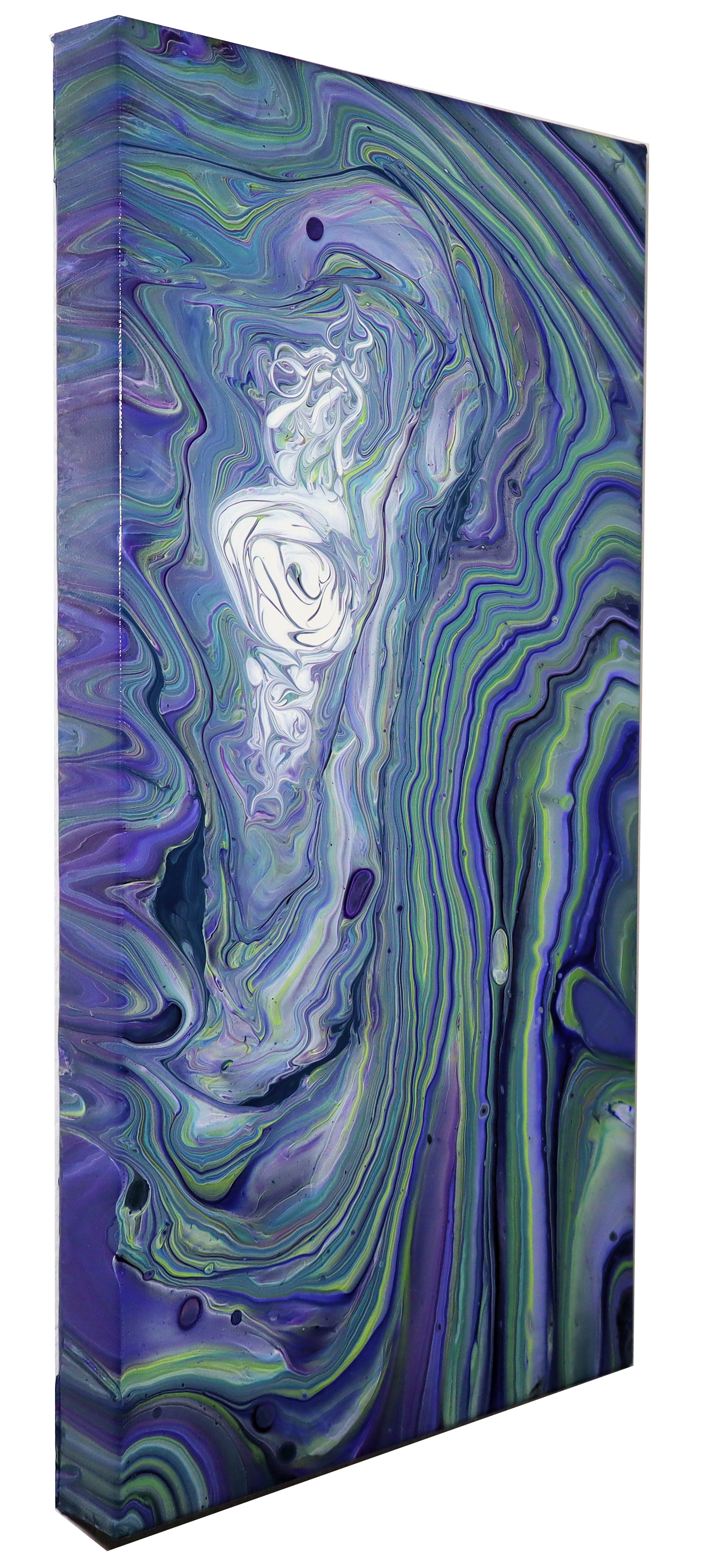 Abstract swirl painting in shades of purple, blue, green, and white on a rectangular canvas.