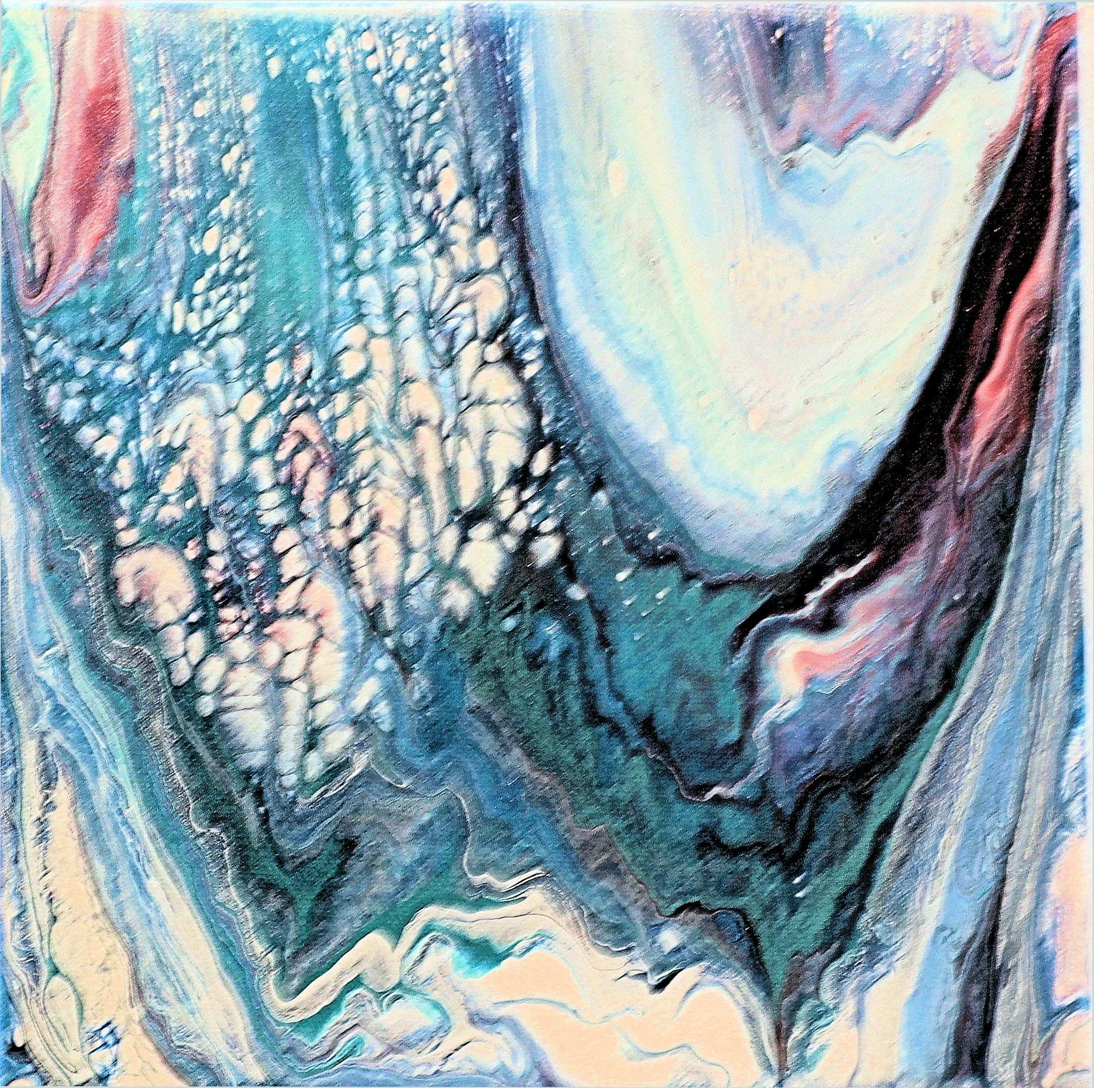 Abstract painting with swirling patterns in shades of blue, pink, and cream, featuring intricate lines and textures.