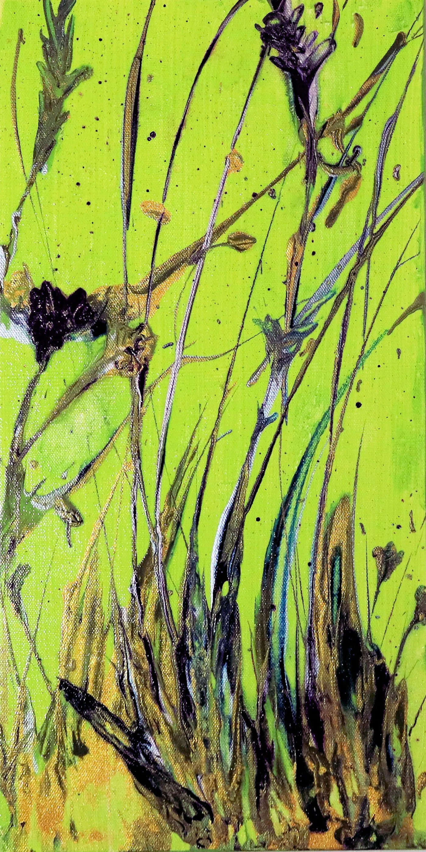 A study in electric growth. Bold neon greens and metallics collide in fluid, vertical sweeps, evoking the feeling of rainwater rushing through a sunlit canopy of trees.

20 x 10 x 1.5" Acrylic on Canvas