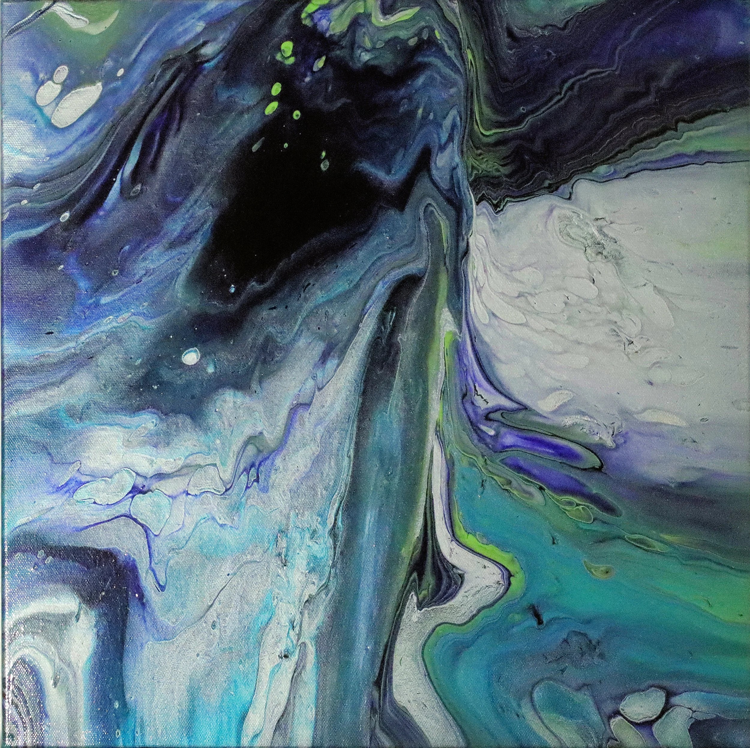 Abstract fluid acrylic painting with swirling patterns in shades of blue, green, purple, black, and white.
