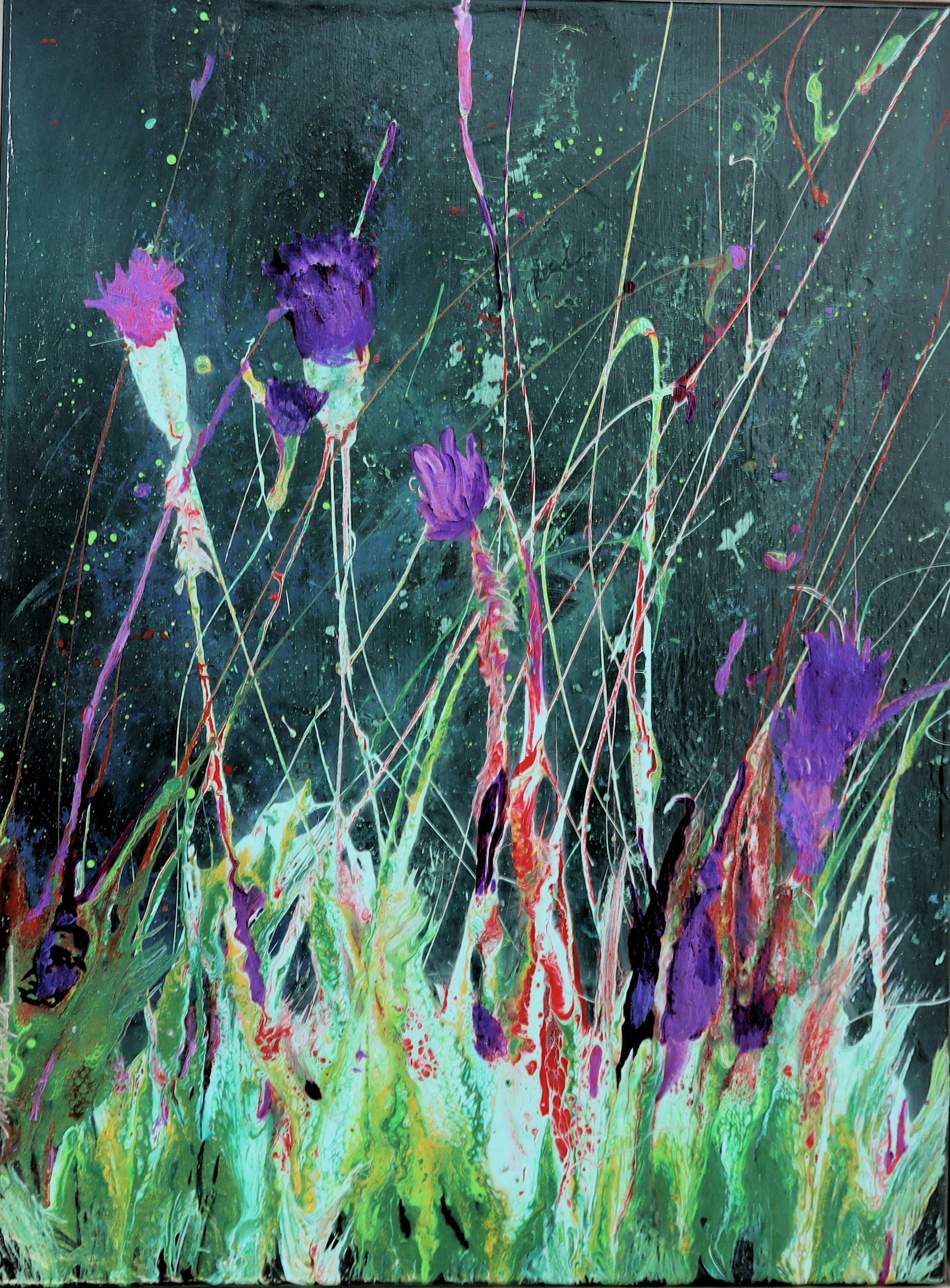 Moody and alluring, this work captures the mysterious beauty of a garden after dark. Velvety purples and deep emeralds emerge from a dark background, suggesting the intoxicating aroma of nocturnal blooms.

24 x 18 x .75" Acrylic on Canvas