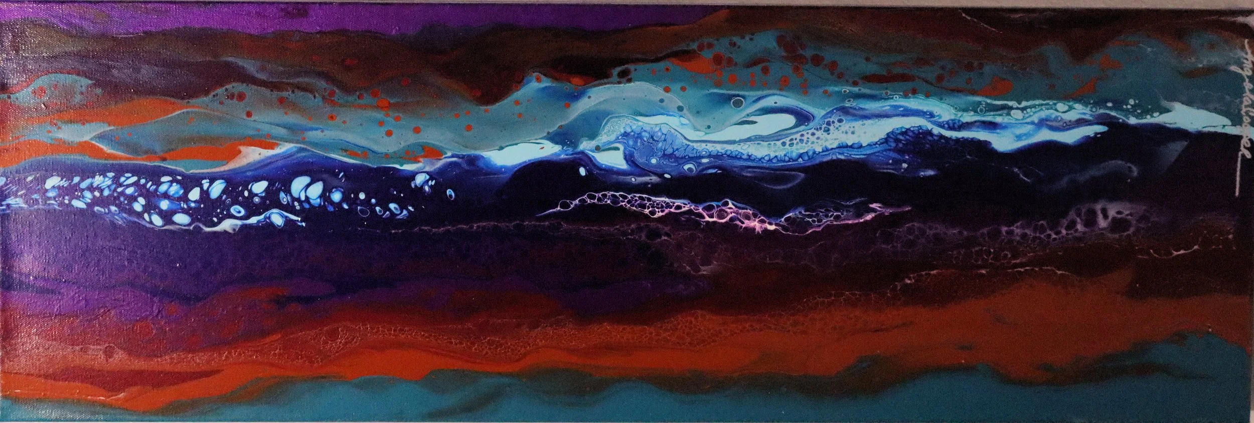 Abstract painting with flowing bands of purple, blue, white, orange, and black colors.