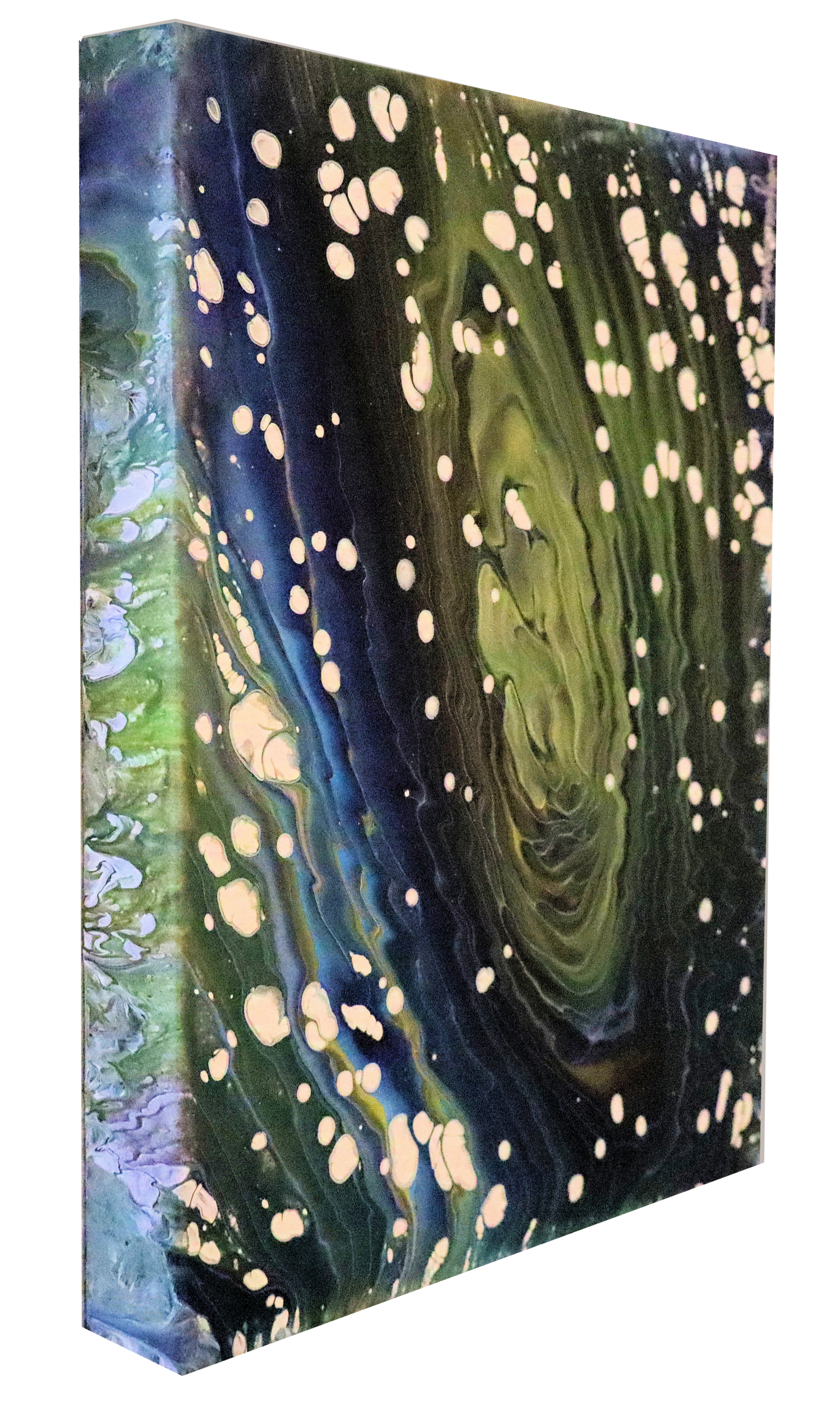 Close-up of an abstract painting with black, green, blue, and pink swirls and white dots scattered throughout.