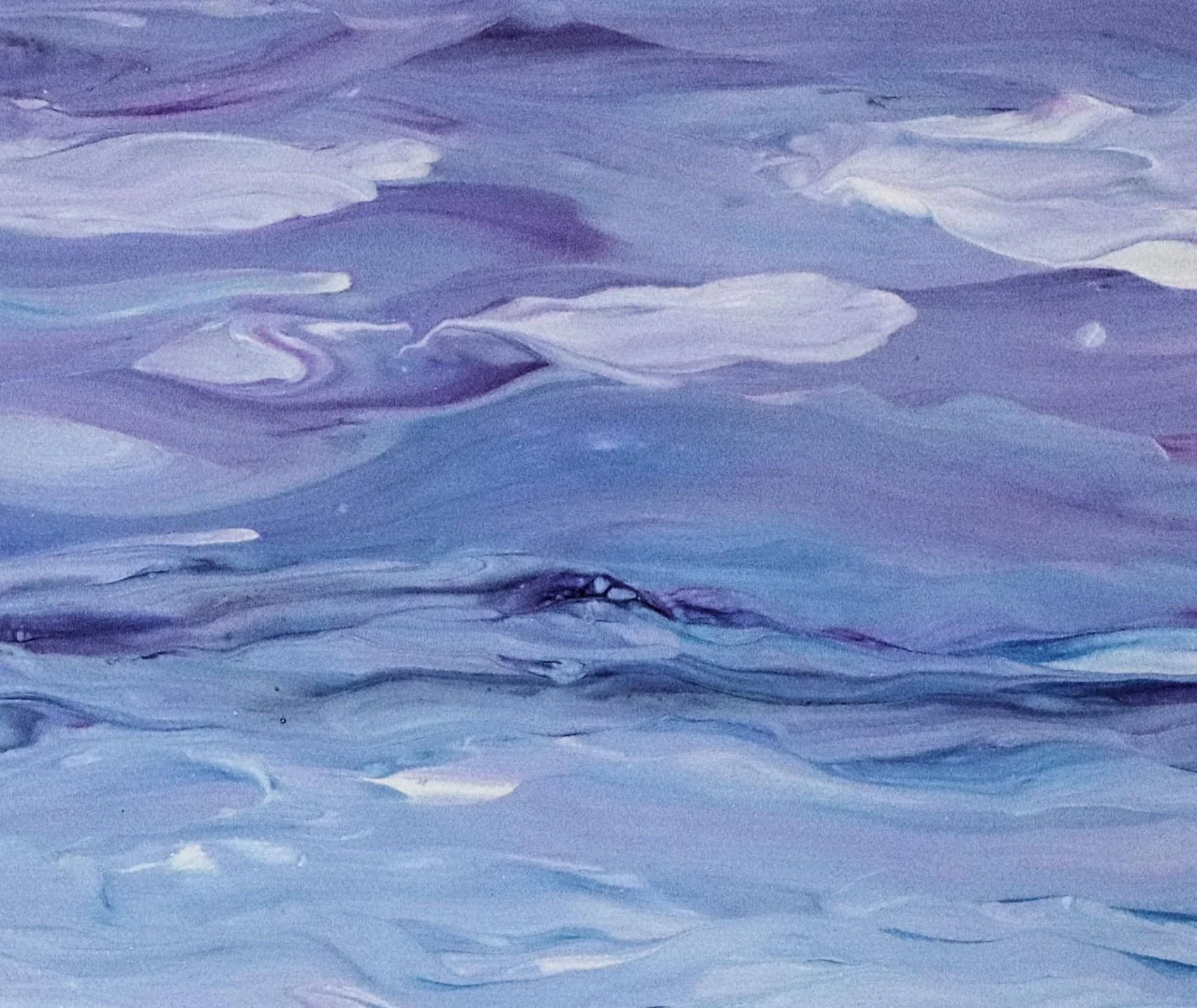 Abstract painting with swirling shades of purple, blue, and white.