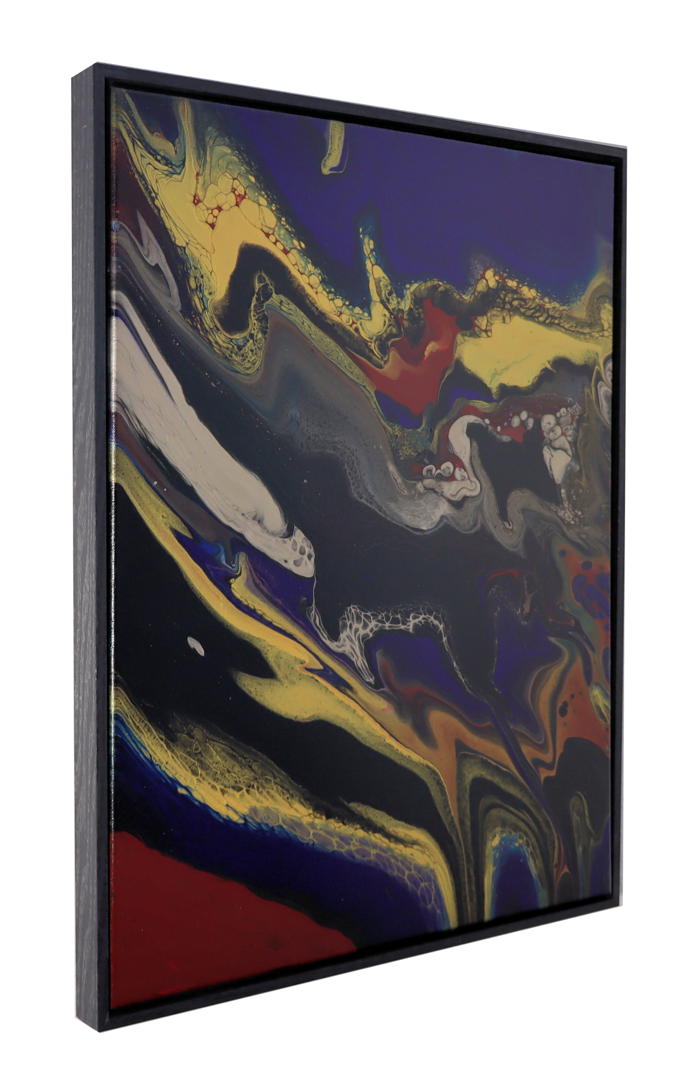 Close-up image of a modern, abstract painting on a flat-screen display, featuring swirling patterns of yellow, black, red, blue, and white.