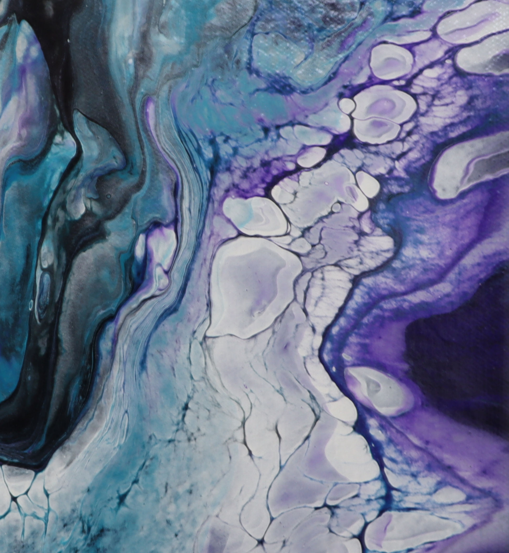 Abstract painting with swirling patterns in shades of blue, purple, black, and white.