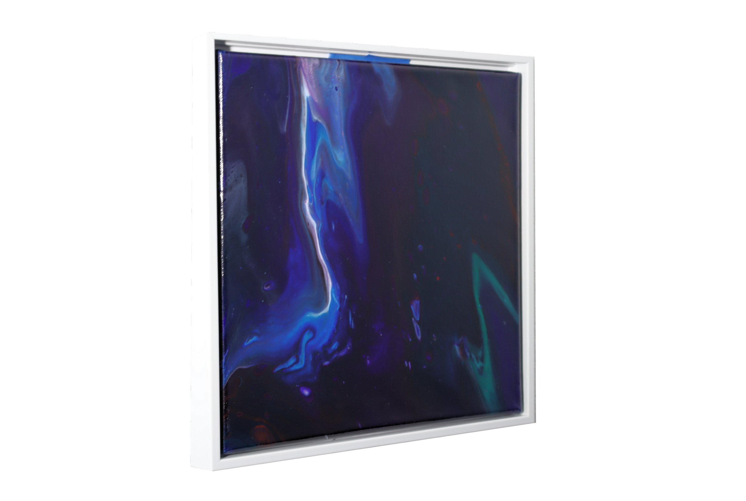 A modern flat-screen TV with a sleek white frame displaying a colorful abstract image.