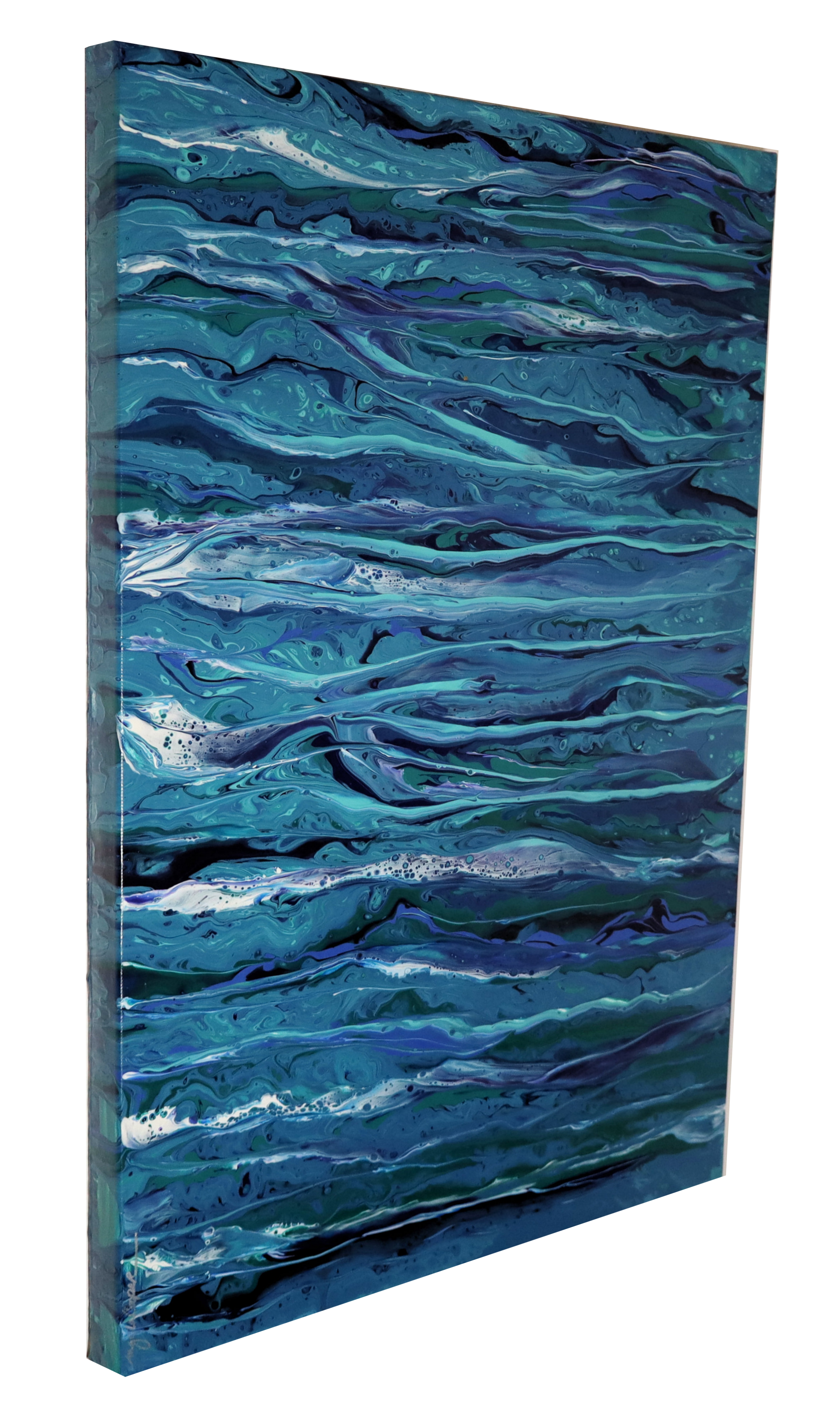 An abstract painting with swirling patterns of blue, teal, white, and black colors.