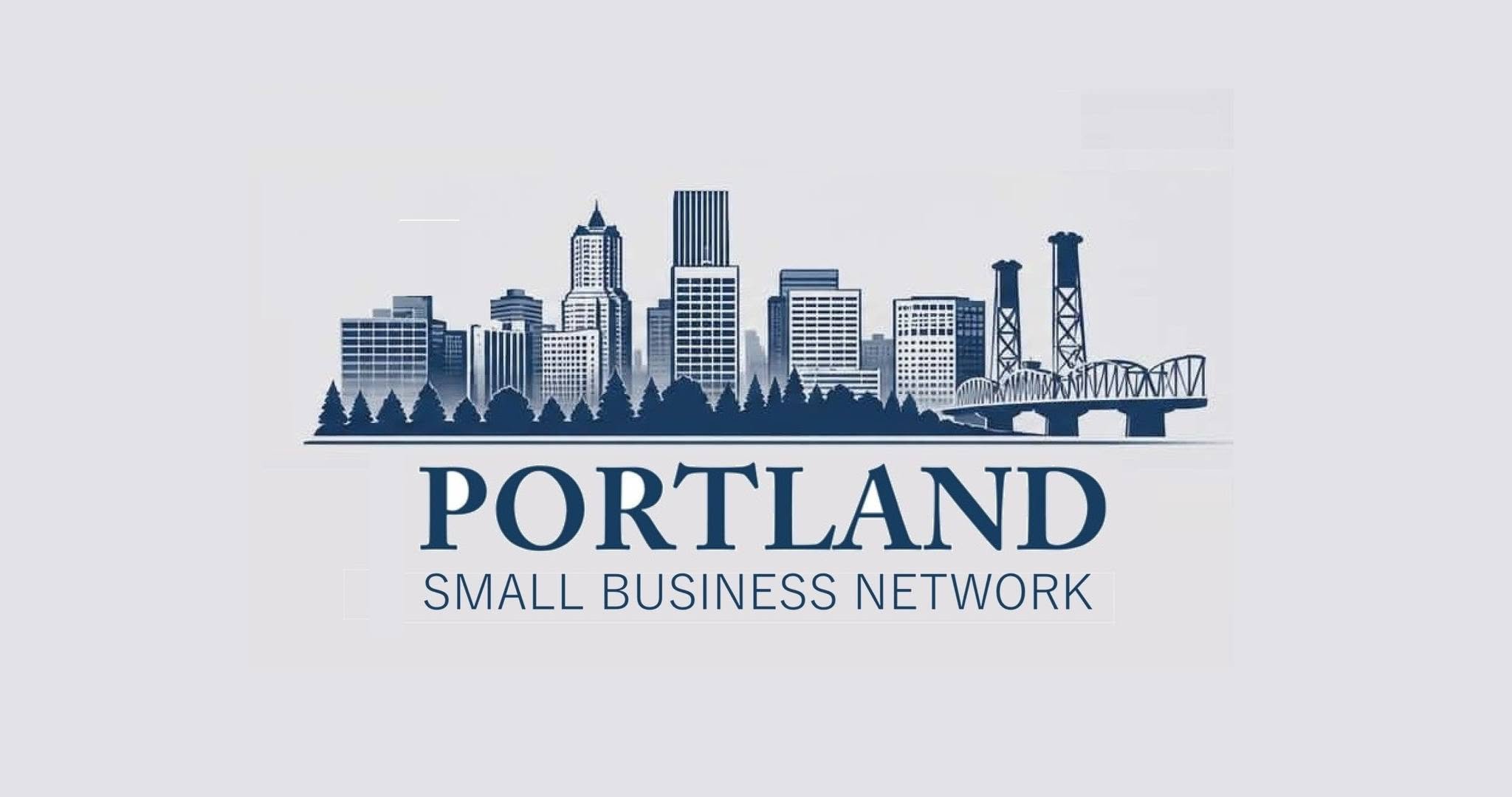 Illustration of the Portland skyline with skyscrapers, a bridge, and pine trees, with the text 'Portland Small Business Network'.