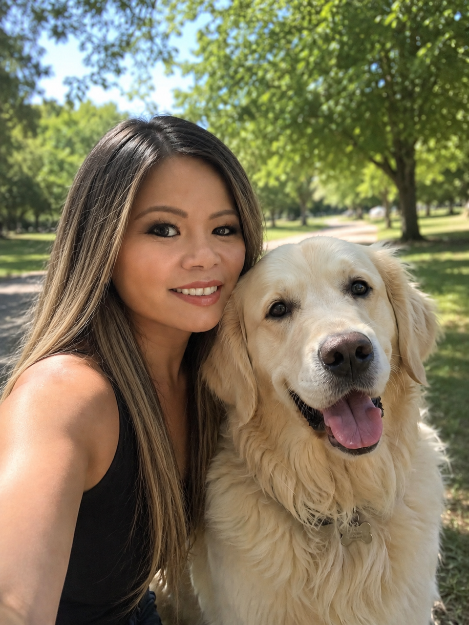 A woman taking a selfie with her golden retriever dog in a park with green trees and a clear blue sky in the background.