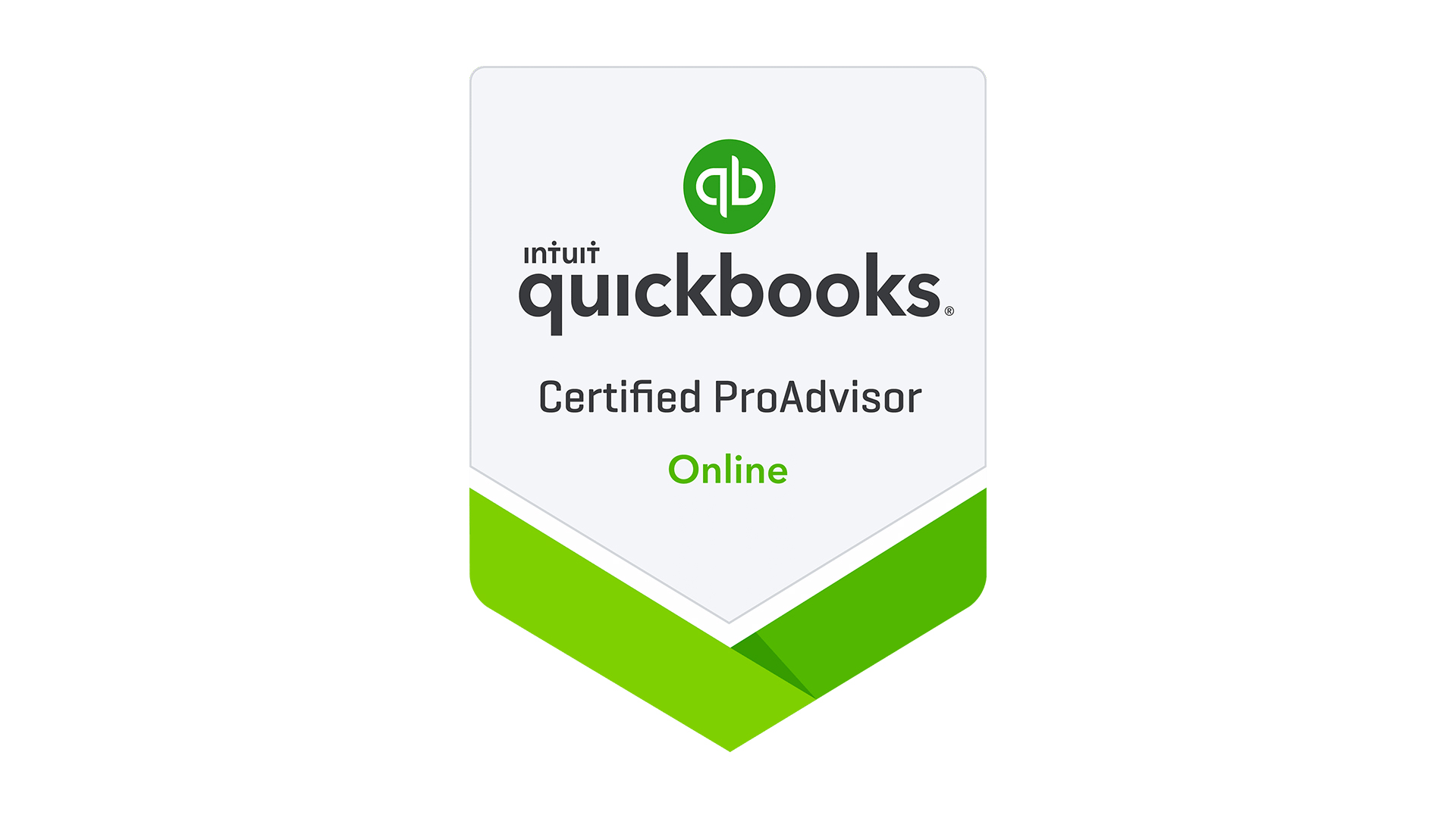 A badge for QuickBooks Certified ProAdvisor online, with a green and white design and the QuickBooks logo at the top.