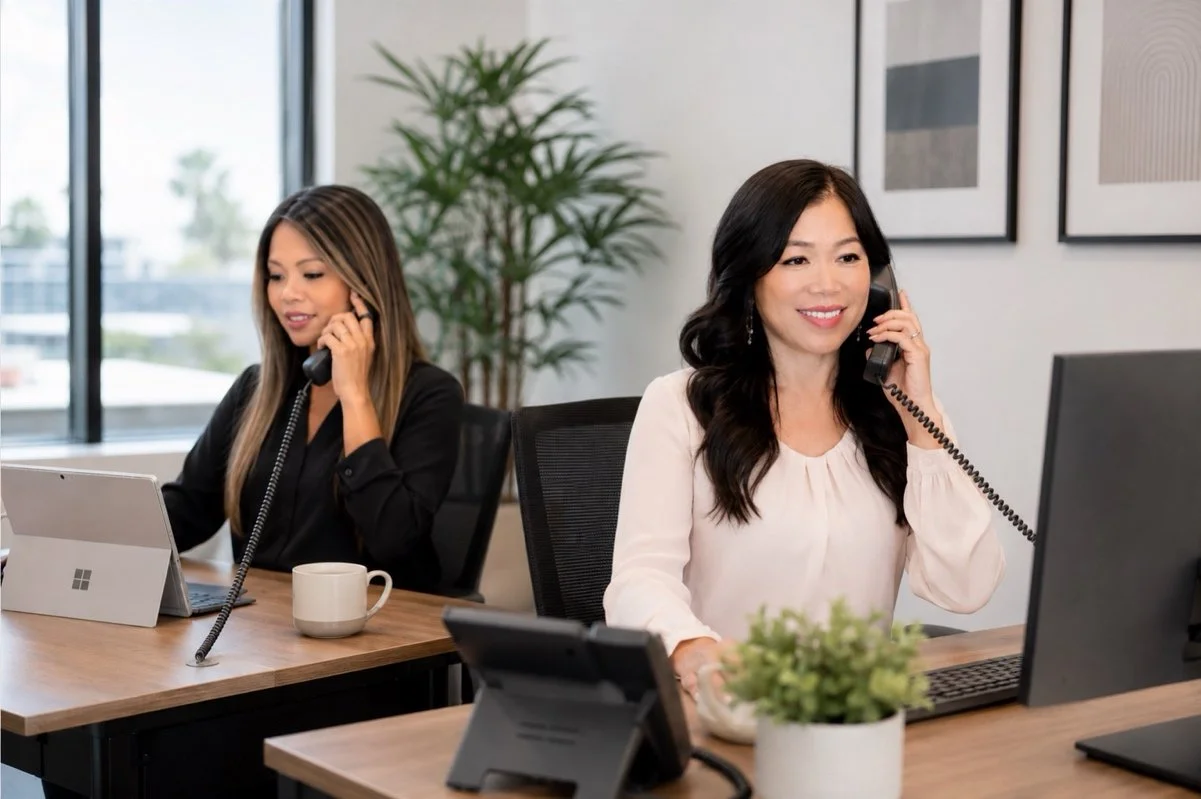 Two women working at an office, talking on the phone, with computers, a tablet, and office decor visible.