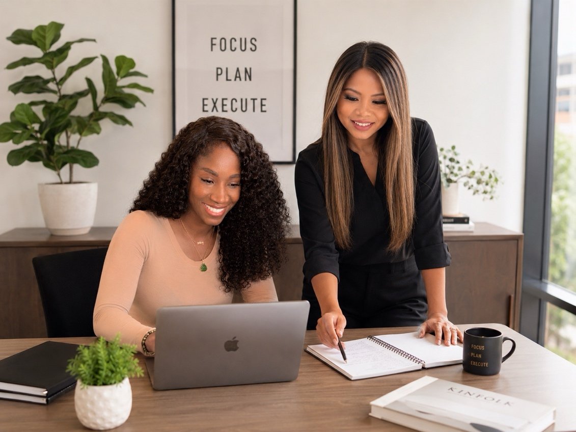 Two women working together at a desk with a laptop, notebook, and coffee mug, in an office with plants and a framed quote that says 'Focus, Plan, Execute' in the background.